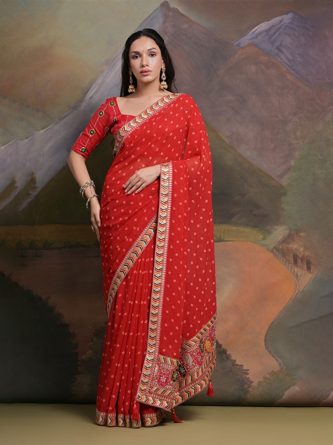

LeeliPeeri Designer Bandhani Printed Embroidered Saree, Red