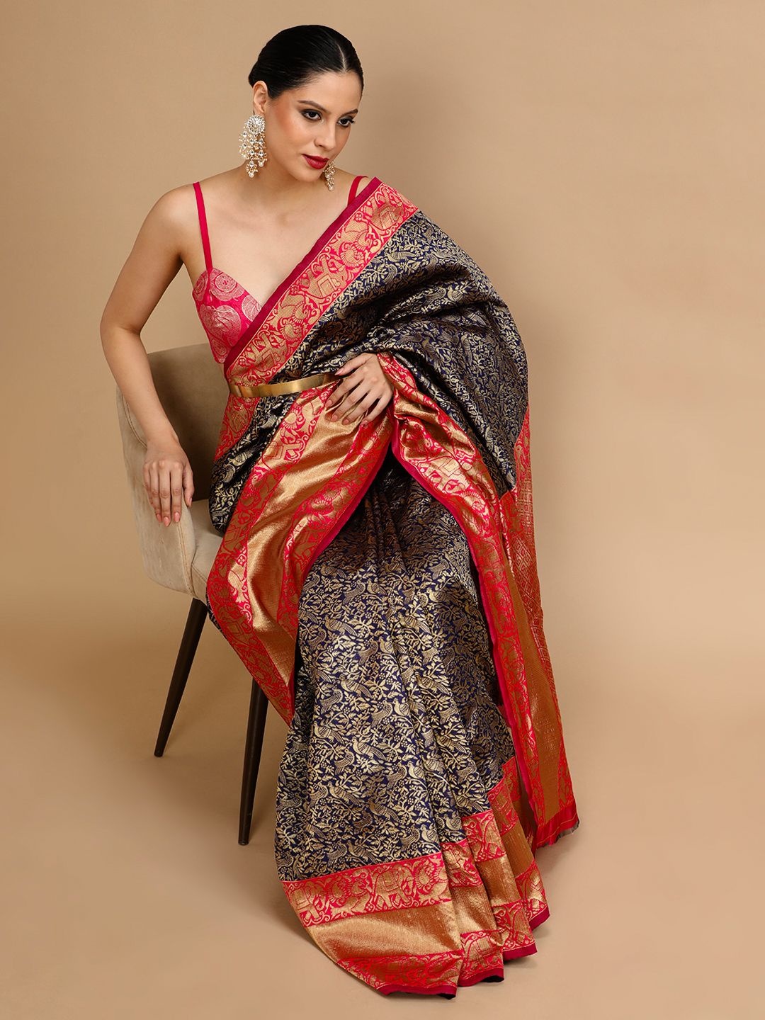 

House of Pataudi Ethnic Motifs Woven Design Banarasi Saree, Blue