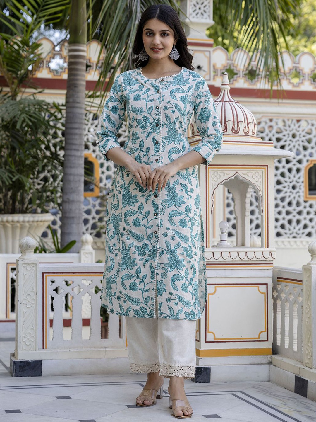 

Pistaa Floral Printed Round Neck Pure Cotton A-Line Kurta with Trouser, Green