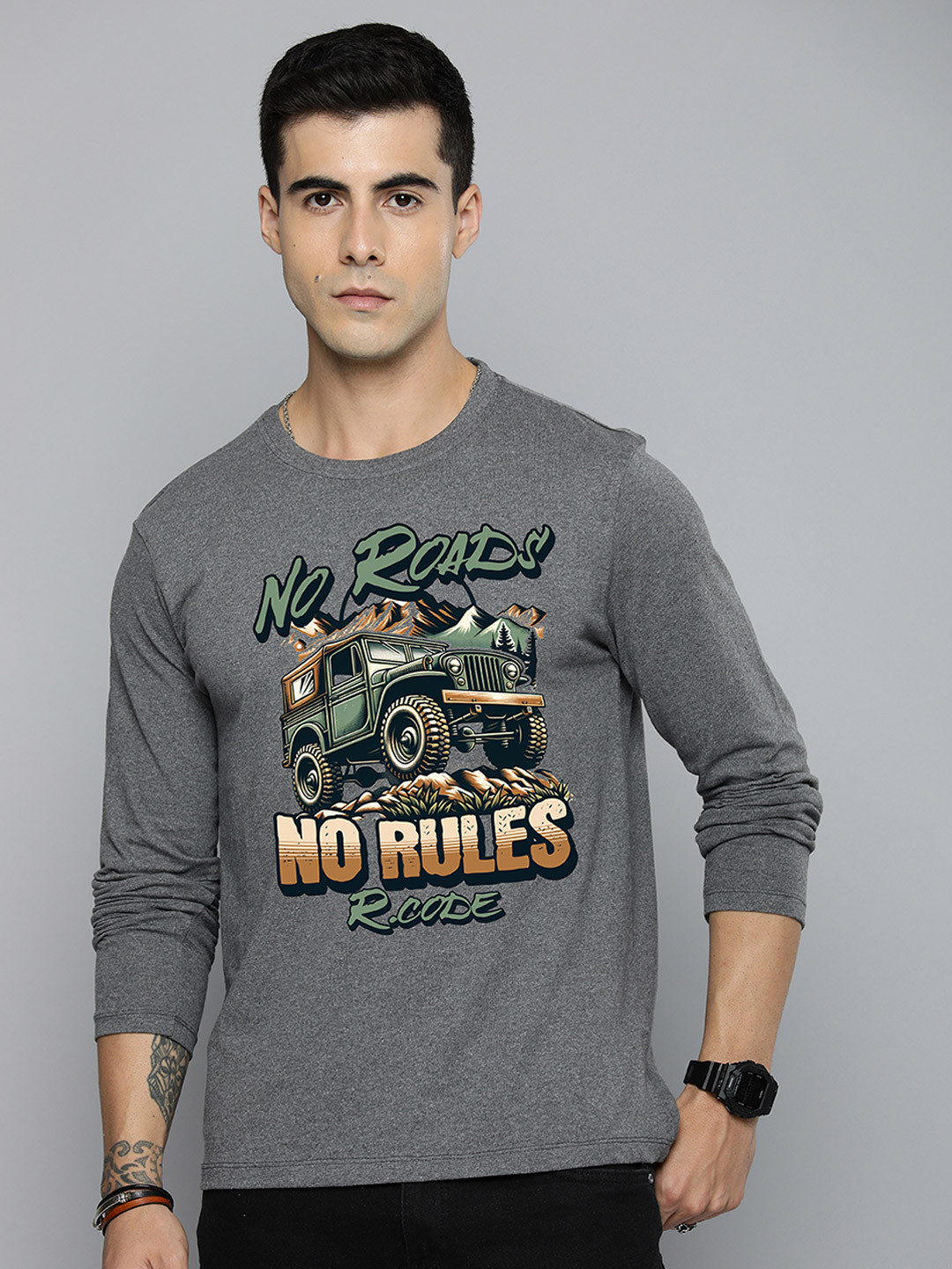 

R.Code by The Roadster Life Co. Men Typography Printed Raw Edge T-shirt, Grey