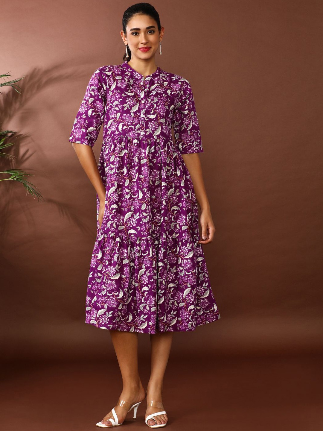 

Jaipur Kurti Women Floral Printed A-Line Tiered Ethnic Dress, Purple