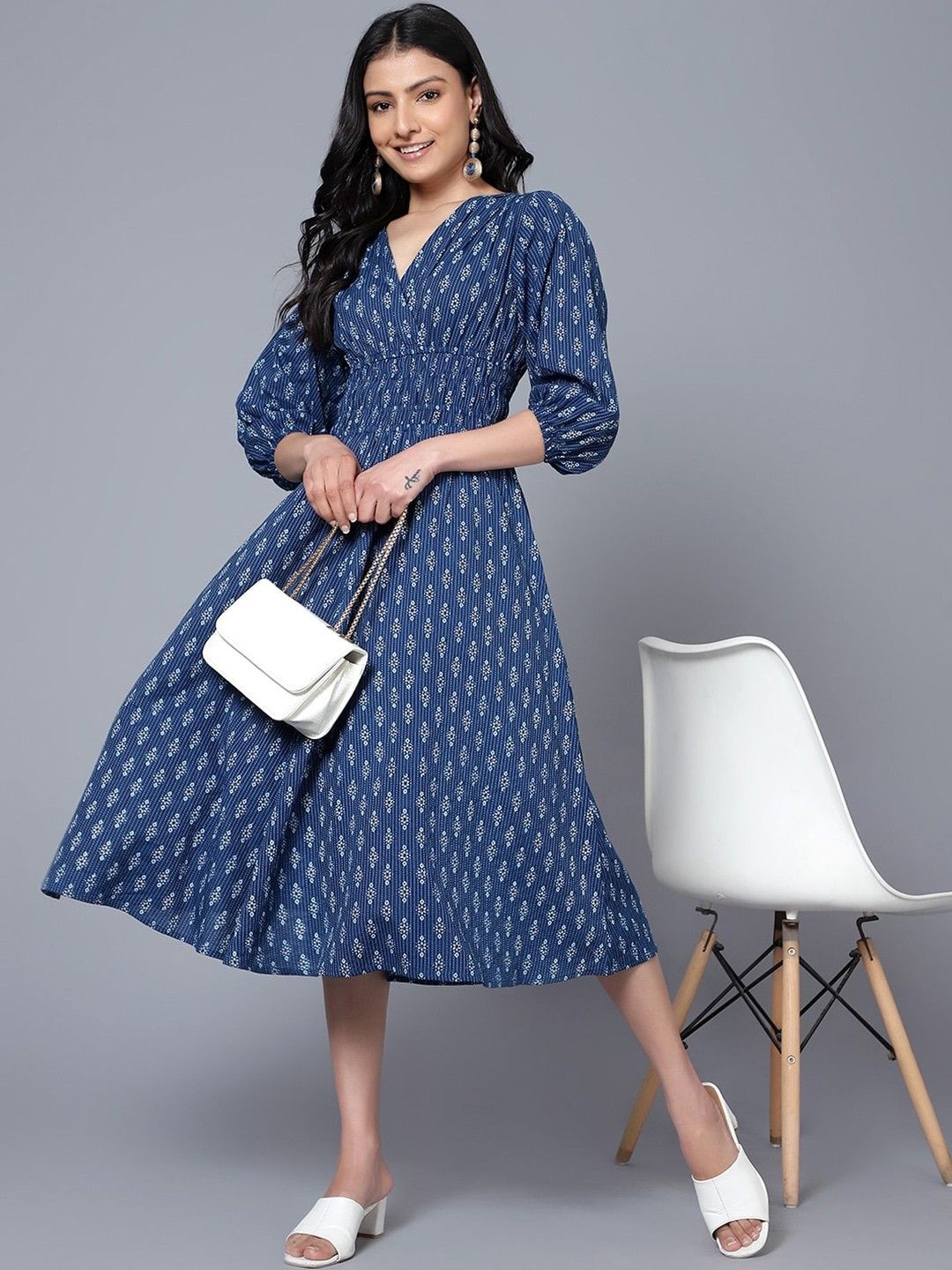 

Raiyani Fashion Women Floral Printed Puff Sleeves V-Neck Fit & Flare Midi Dress, Navy blue