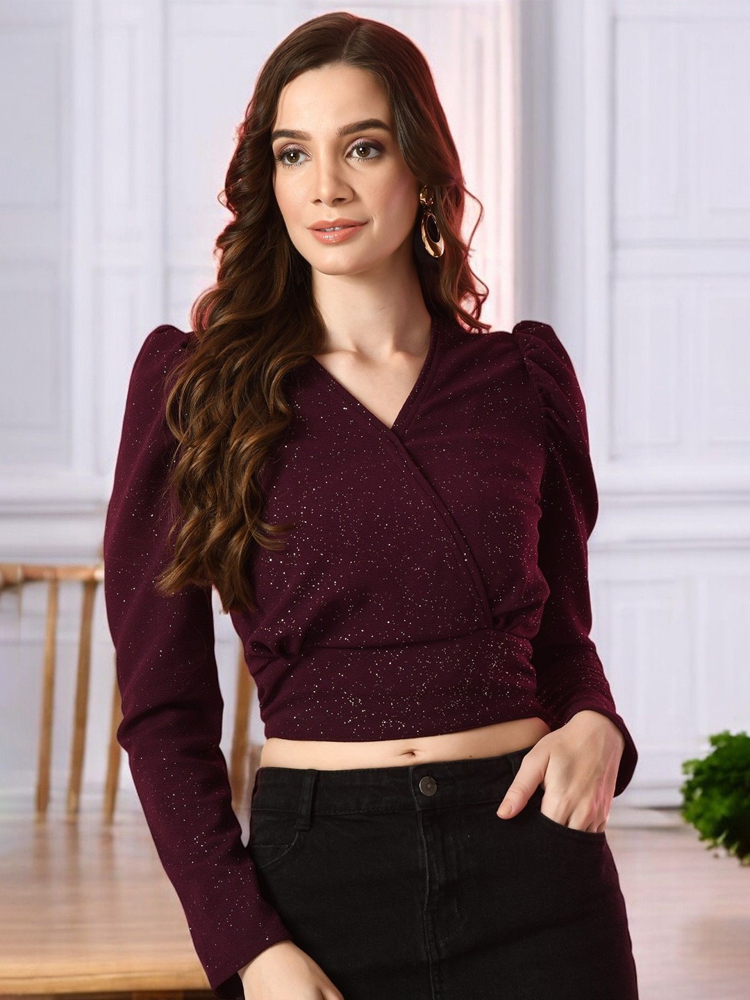 

BAESD Women Puff Sleeve Wrap Crop Top, Purple