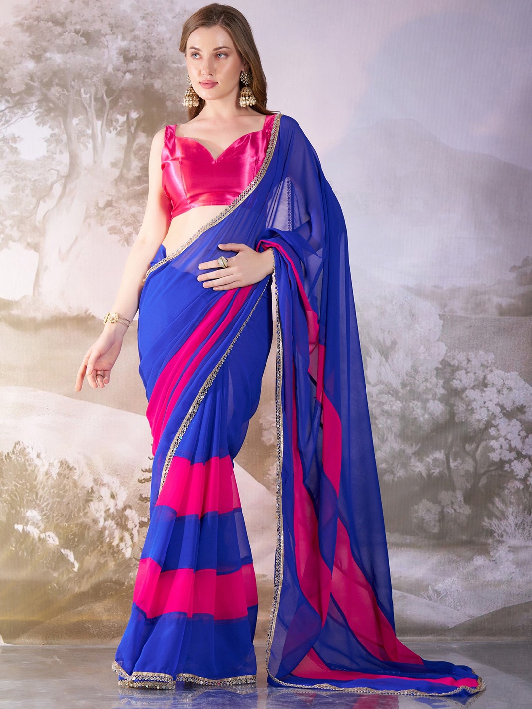 

MAHALASA Colourblocked Embroidered Pure Chiffon Saree, Blue