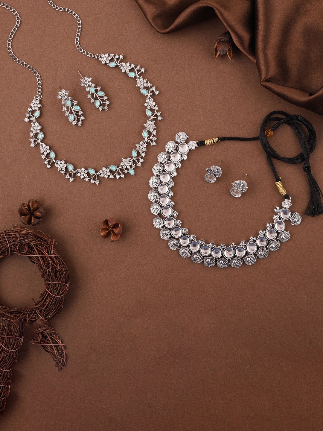 

Lyriss Set Of 2 Silver-Plated American Diamond Studded Jewellery Set