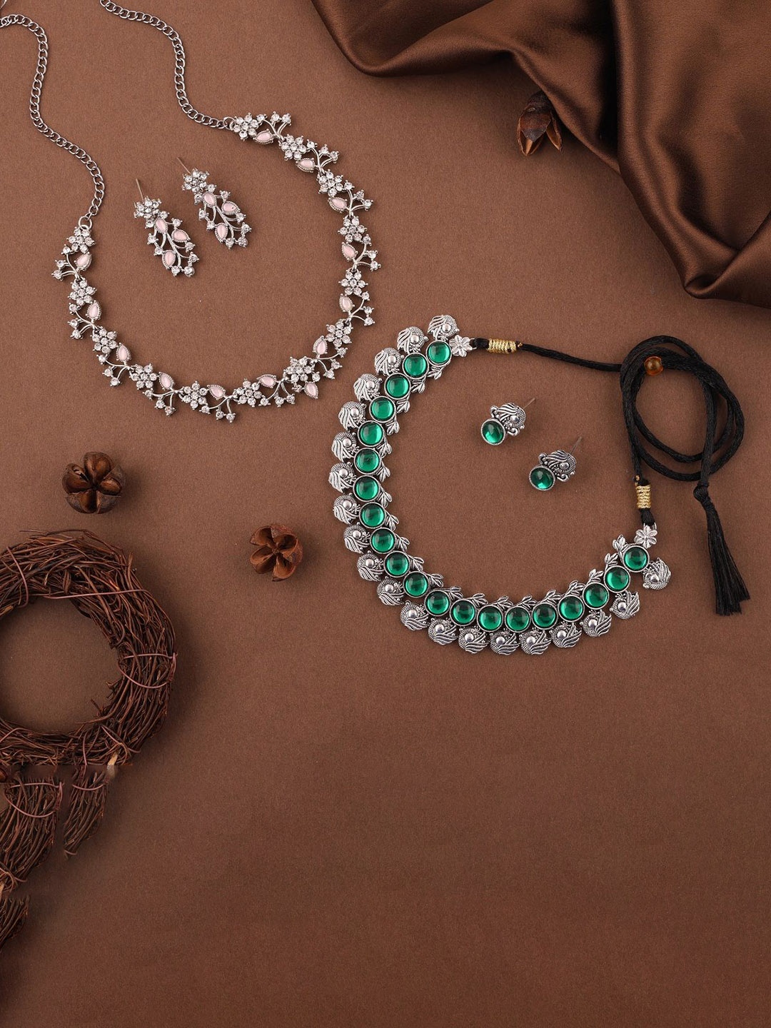 

Lyriss Set Of 2 Silver-Plated American-Diamond-Studded Jewellery Set