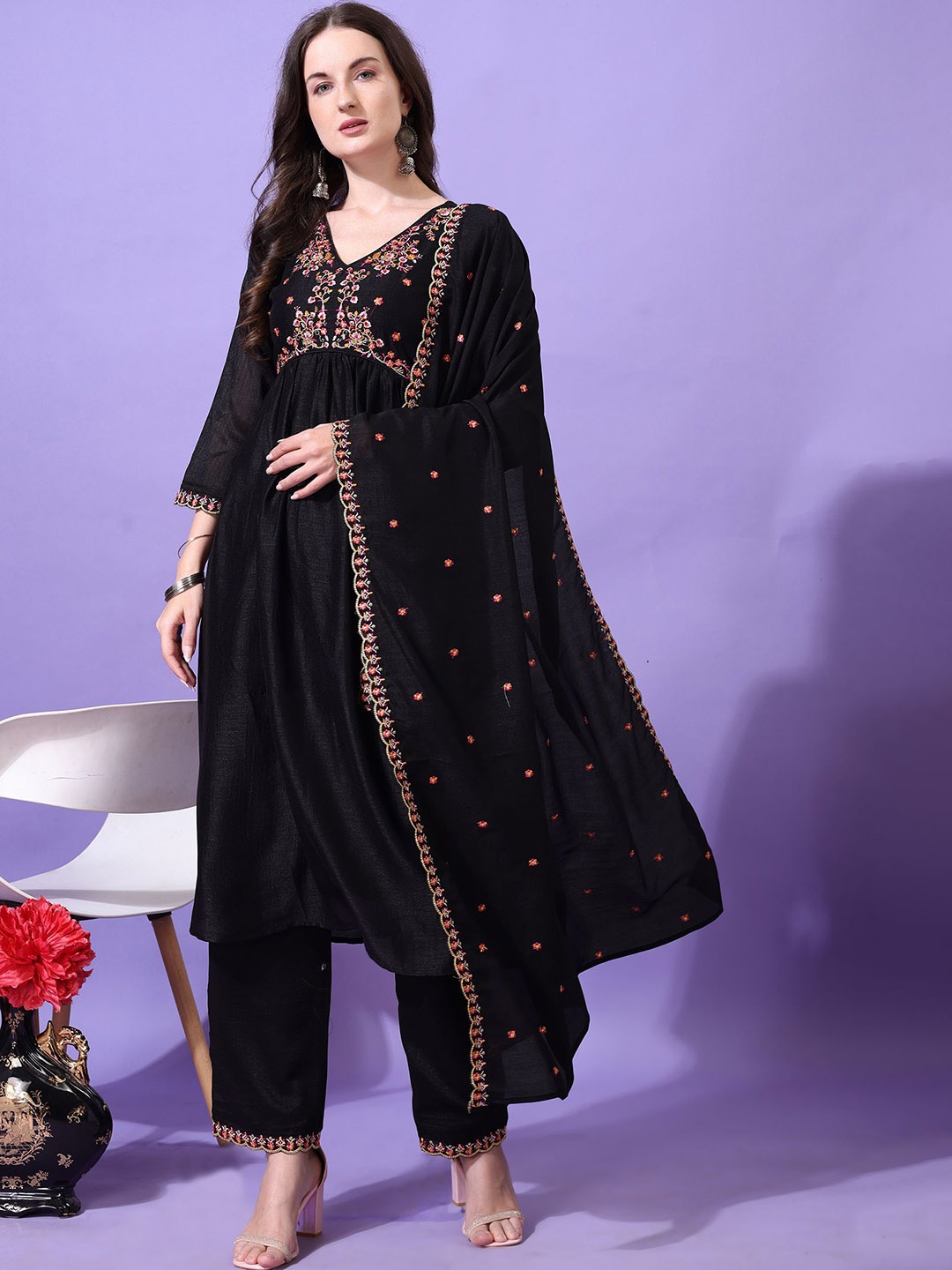 

KALINI Floral Embroidered Straight Kurta With Trouser And Dupatta, Black