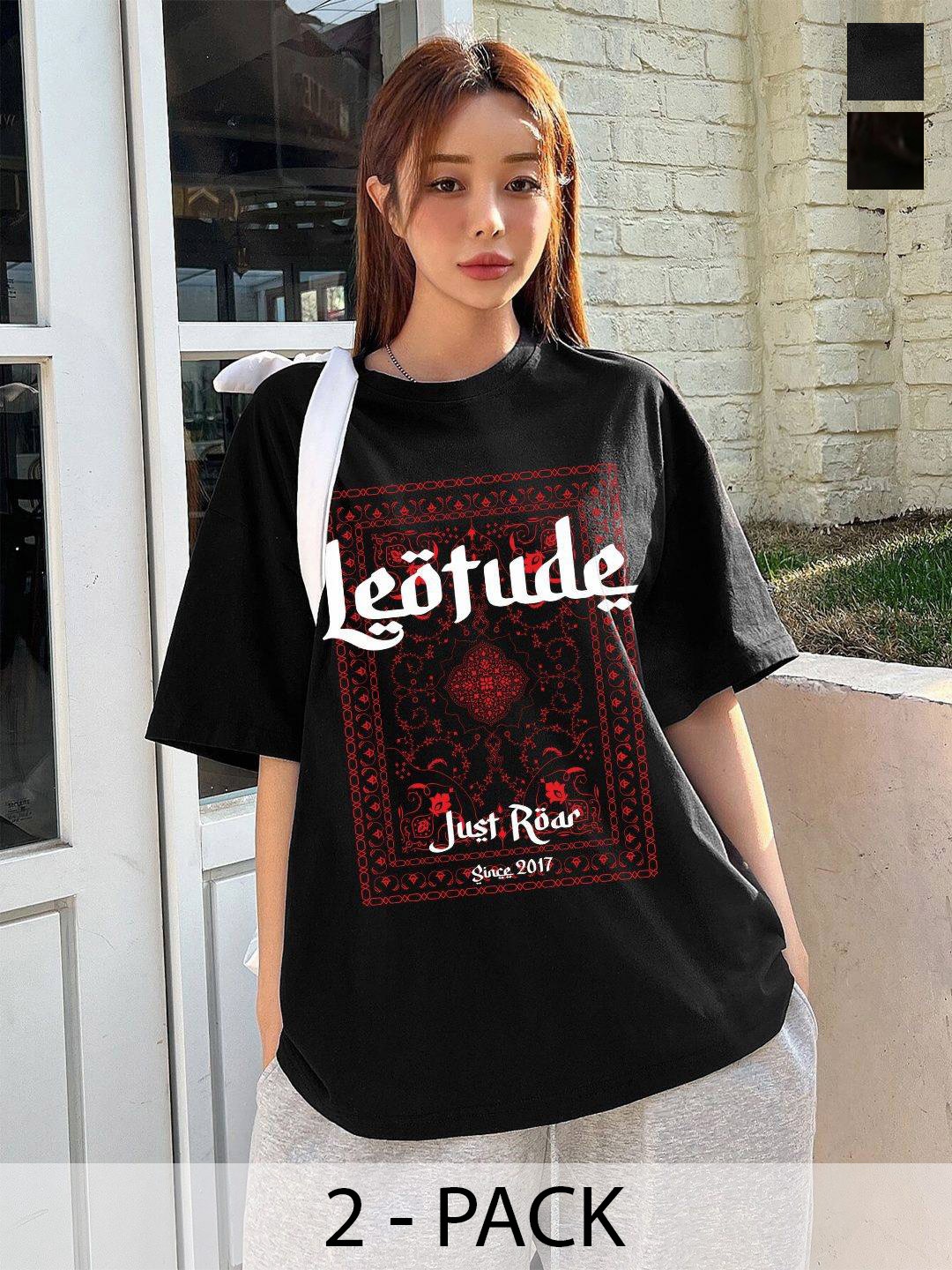 

Leotude Women Pack Of 2 Graphic Printed Round Neck Cotton Oversized T-shirts, Black