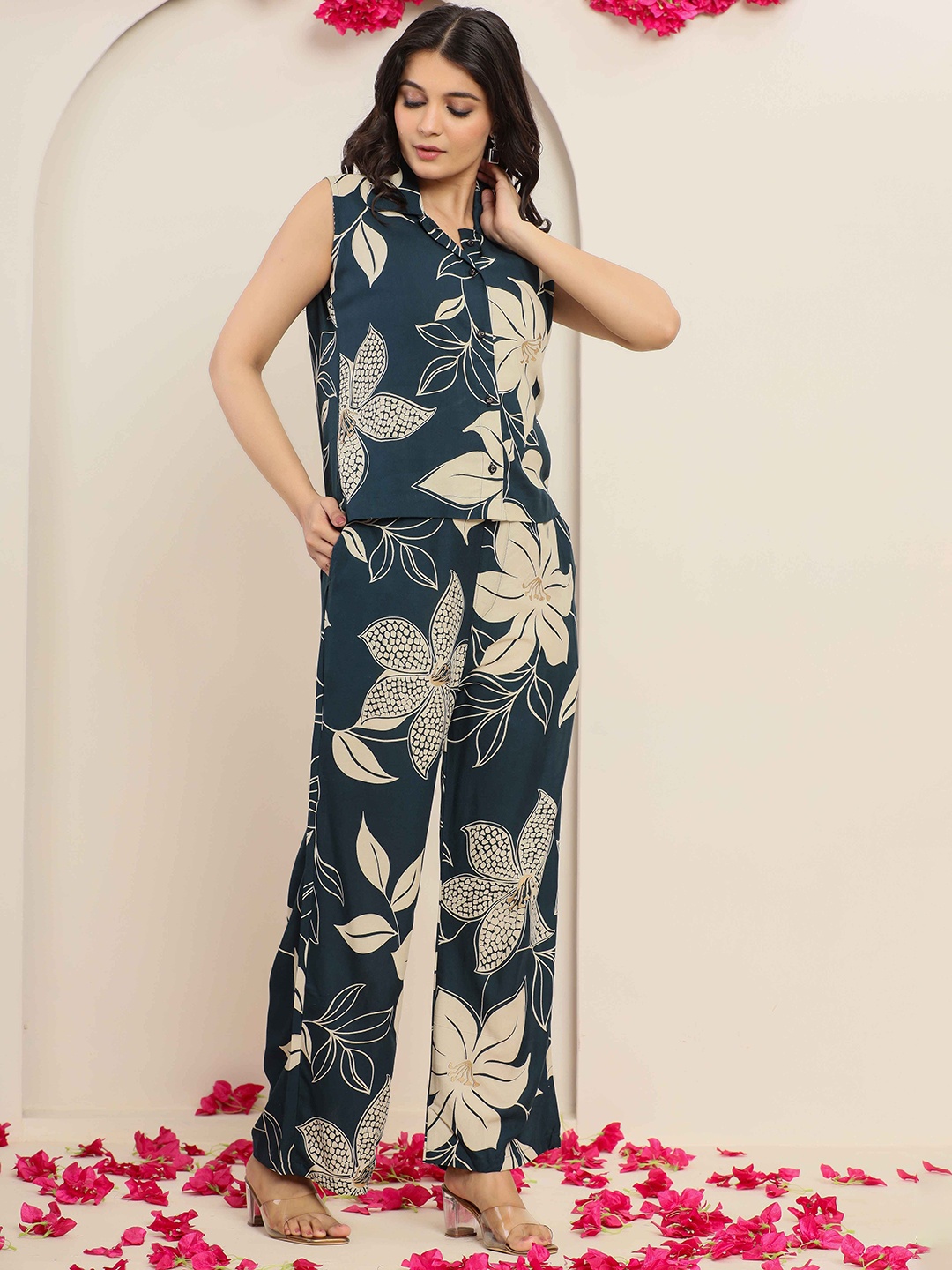 

INDYES Floral Printed Shirt Collar Neck Top With Trousers Co-ords, Navy blue