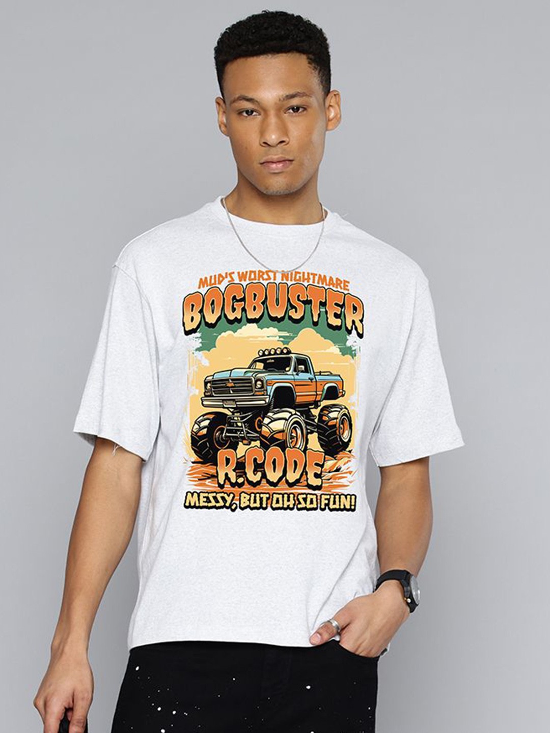 

R.Code by The Roadster Life Co. Men Printed Applique T-shirt, Silver