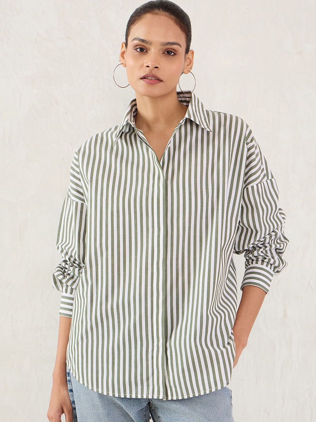 

FEMMELLA Women Vertical Striped Relaxed Fit Cotton Shirt, Olive