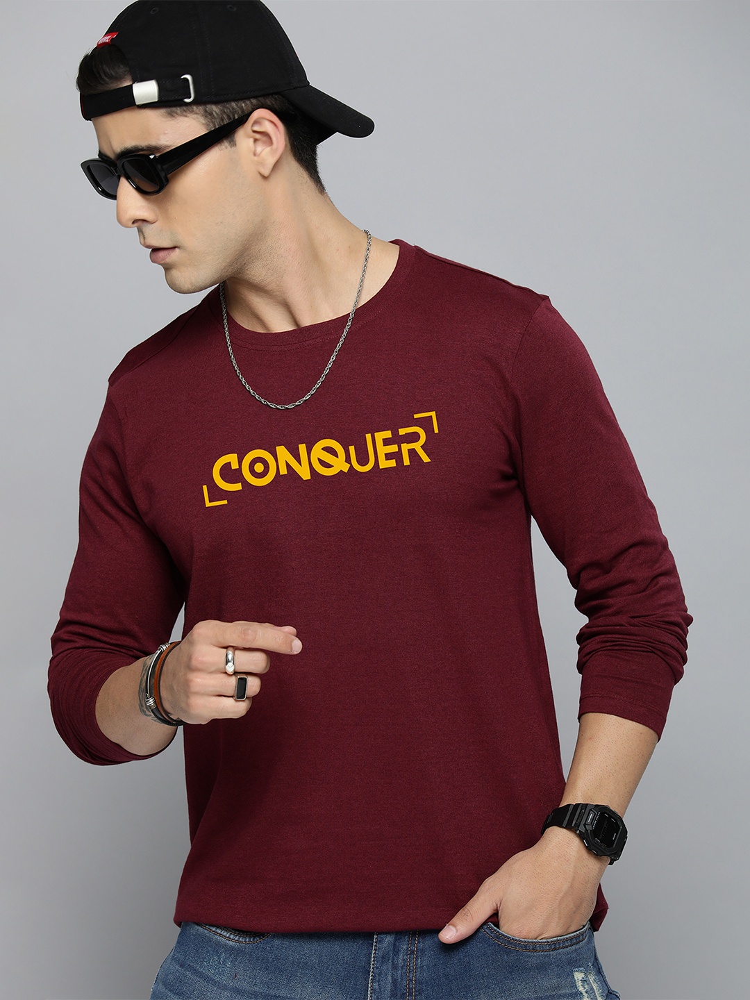 

R.Code by The Roadster Life Co. Men Printed T-shirt, Burgundy