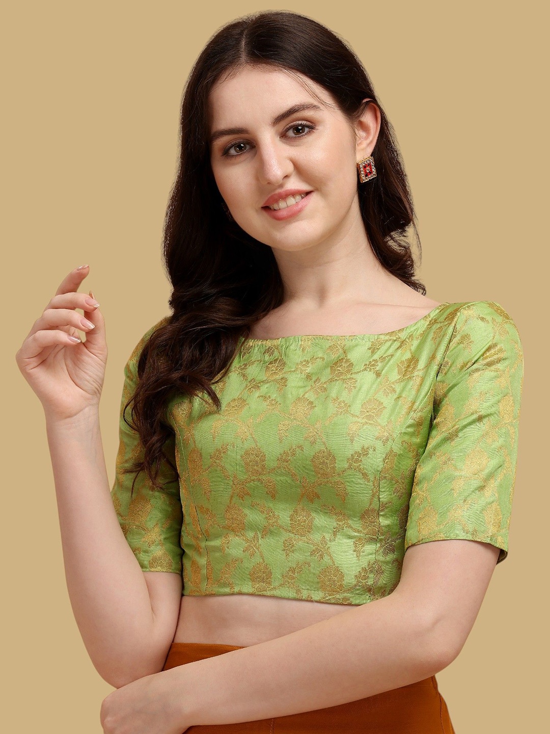 

Oomph! Woven Design Boat Neck Jacquard Saree Blouse, Green