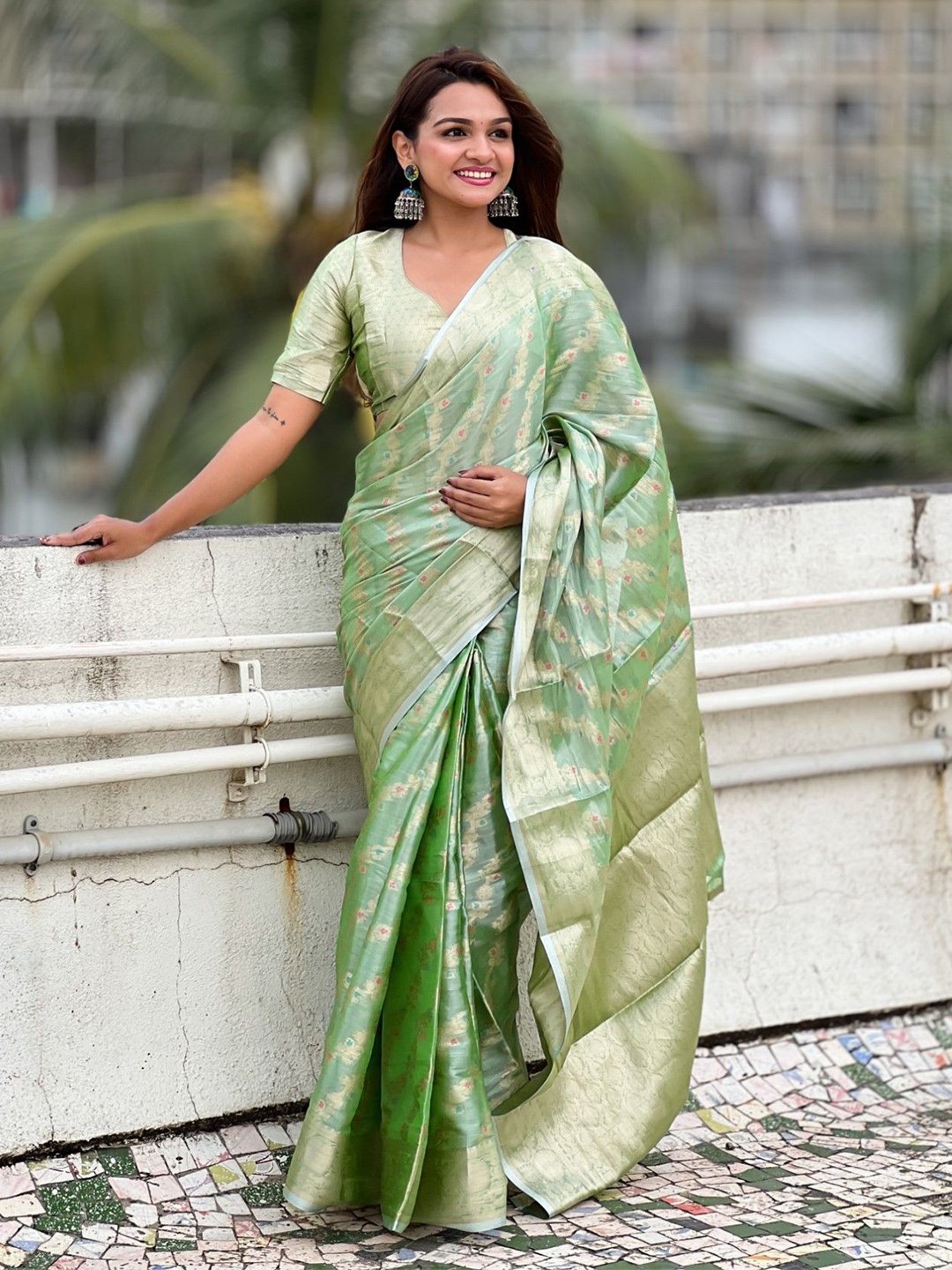 

Rangtulika Ethnics Ethnic Motifs Woven Design Zari Kanjeevaram Saree, Green