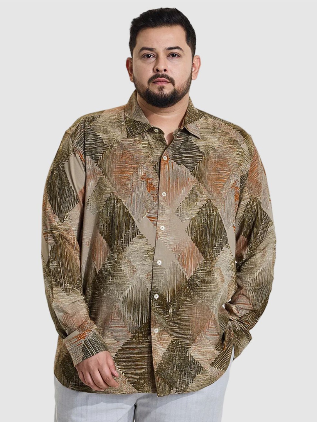 

Snitch Men Plus Size Classic Regular Fit Spread Collar Abstract Printed Casual Shirt, Beige