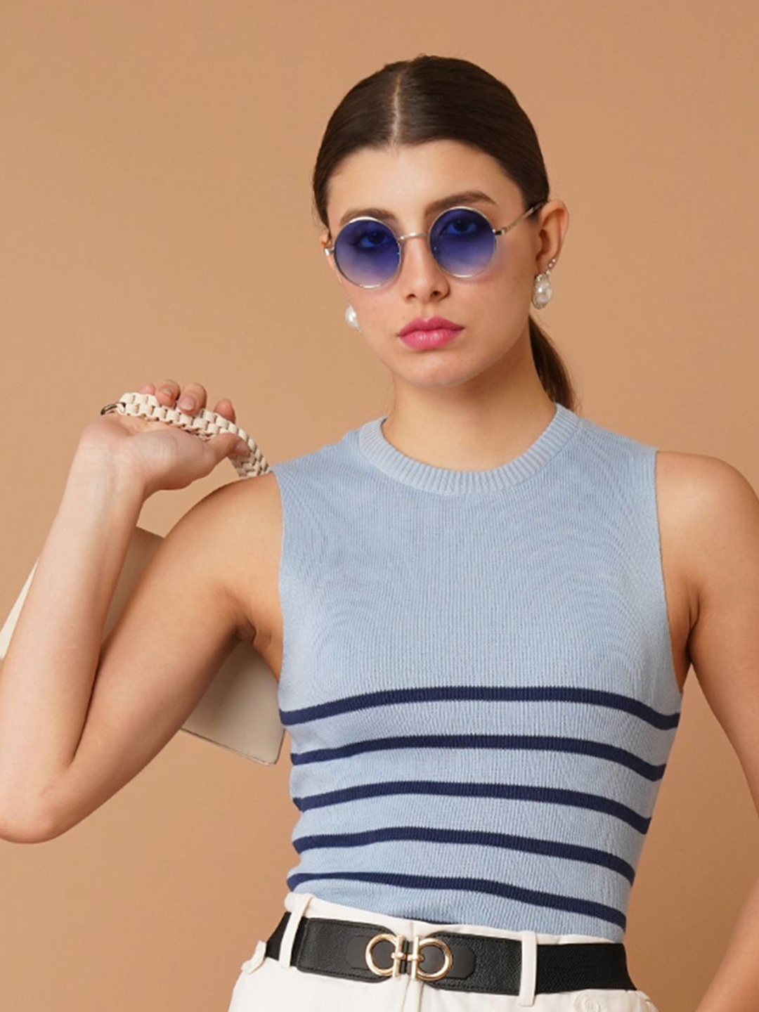 

Chemistry Women Cotton Striped Fitted Top, Blue