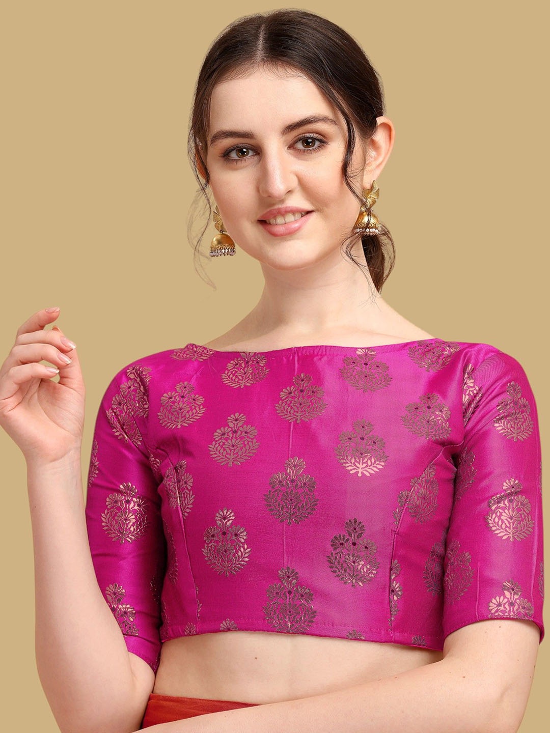

Oomph! Women Woven Design Boat Neck Jacquard Saree Blouse, Pink