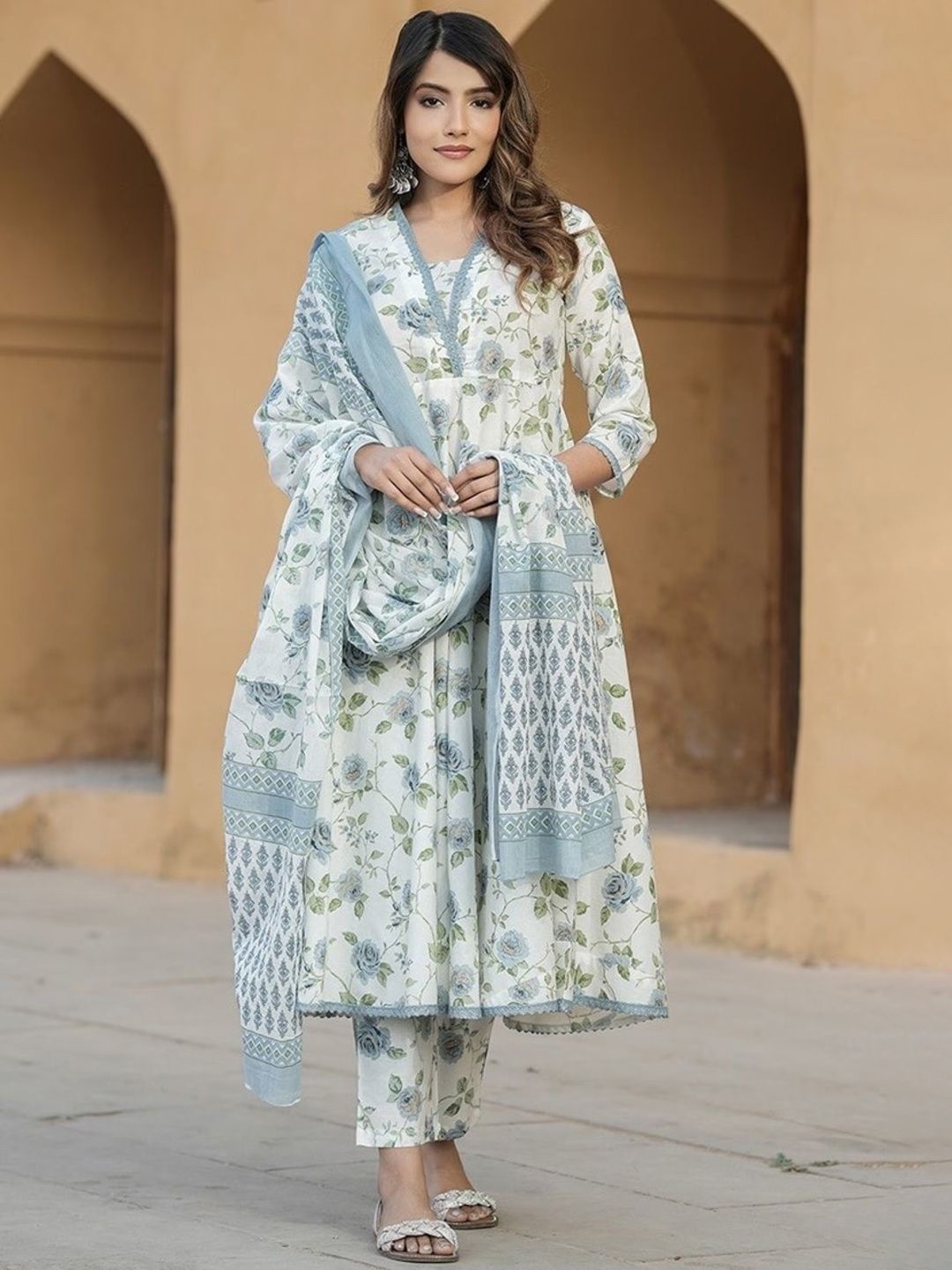 

Wedani Floral Printed V-Neck Anarkali Pure Cotton Kurta With Pyjamas And Dupatta, Turquoise blue