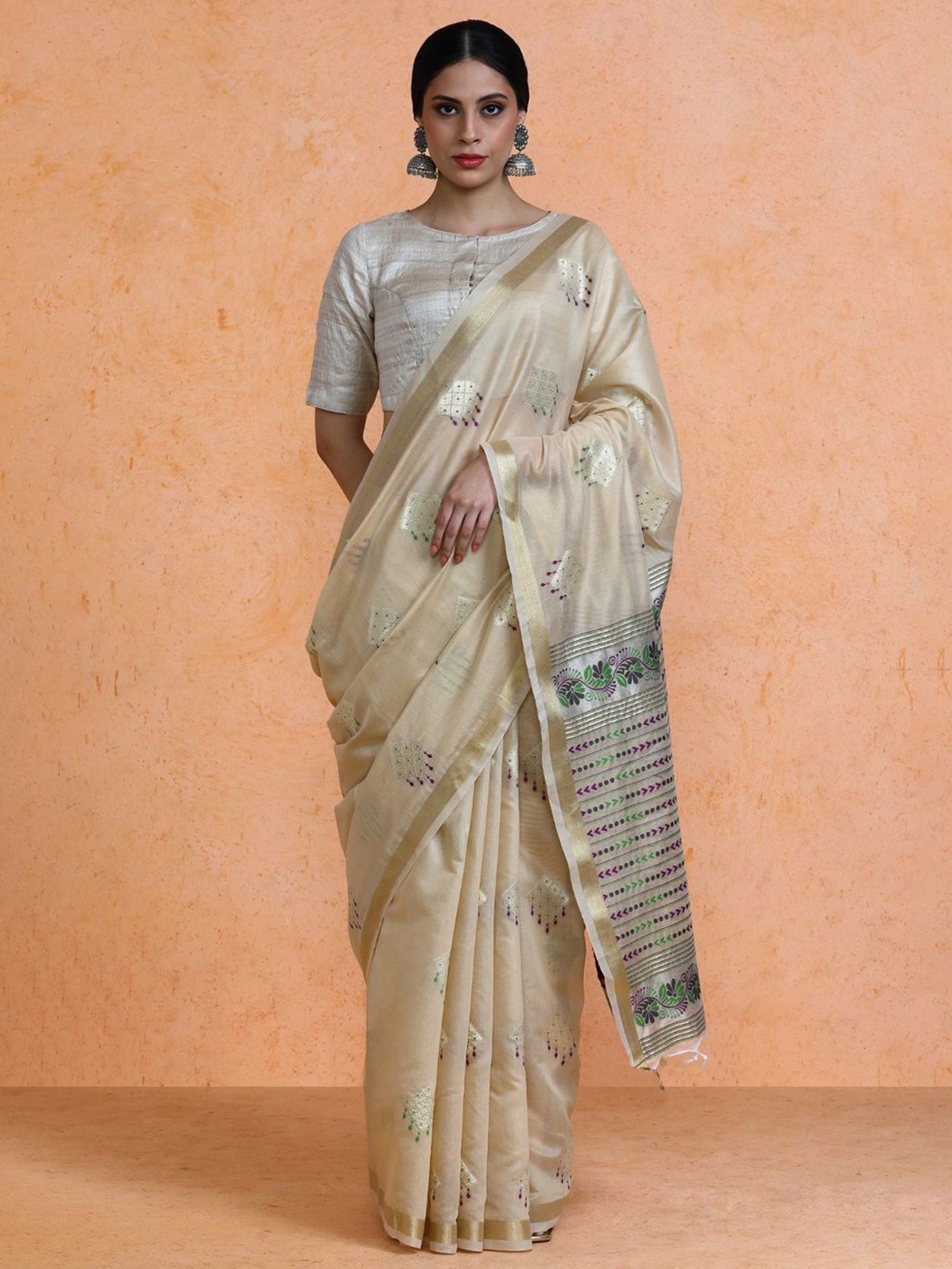 

SARHA Woven Design Chanderi Cotton Saree, Beige