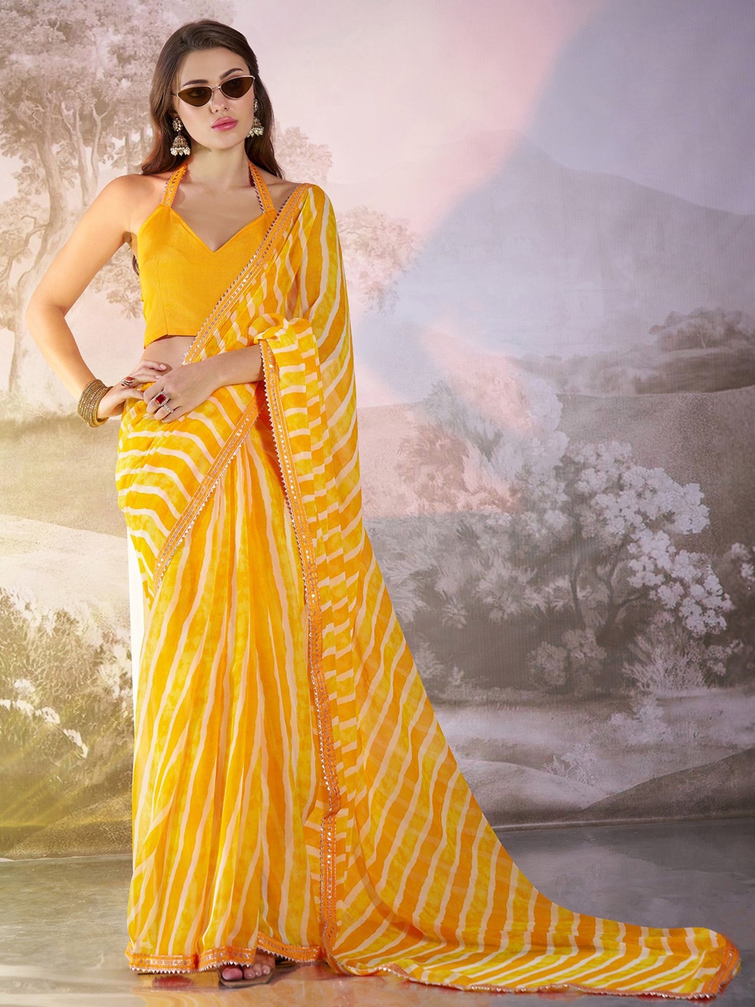 

MAHALASA Women Striped Pure Georgette Saree, Yellow