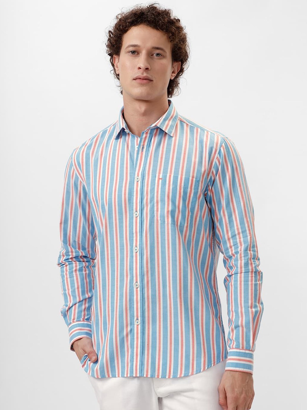 

Basics Men Slim Fit Spread Collar Vertical Striped Cotton Casual Shirt, Blue