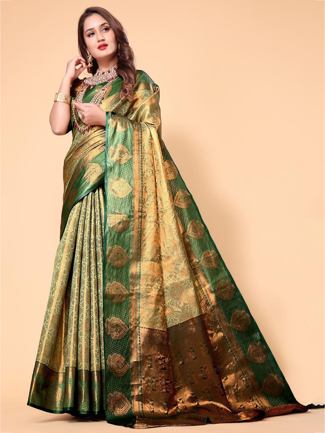 

AKSH FASHION Woven Design Zari Banarasi Saree, Fluorescent green