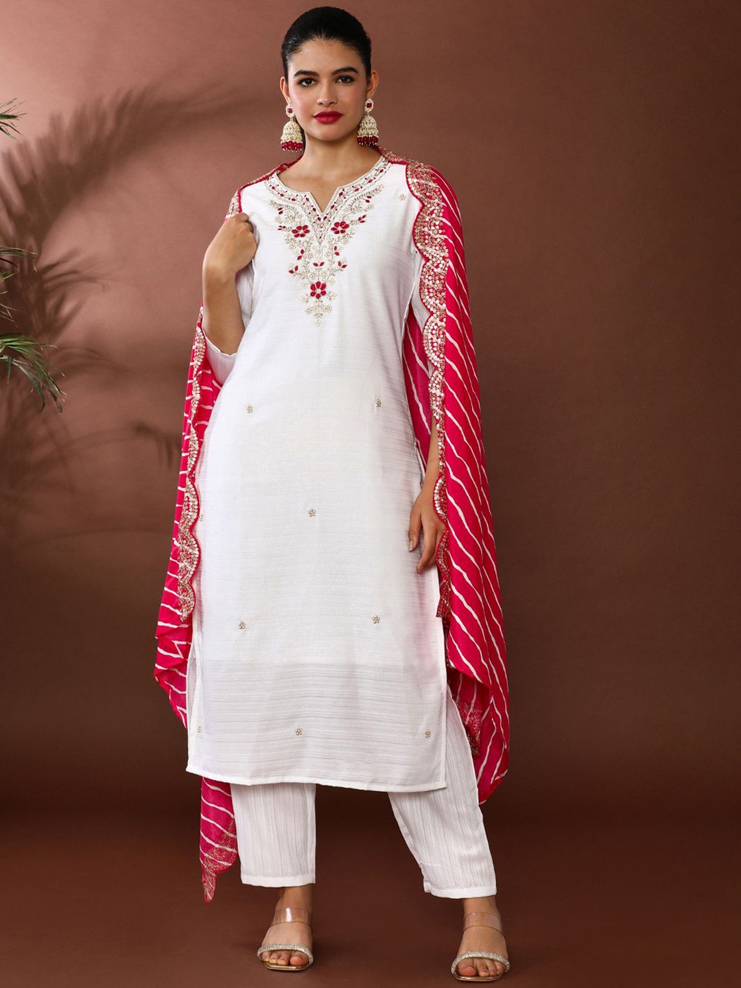 

Jaipur Kurti Floral Embroidered Thread Work Kurta with Trousers & Dupatta, White