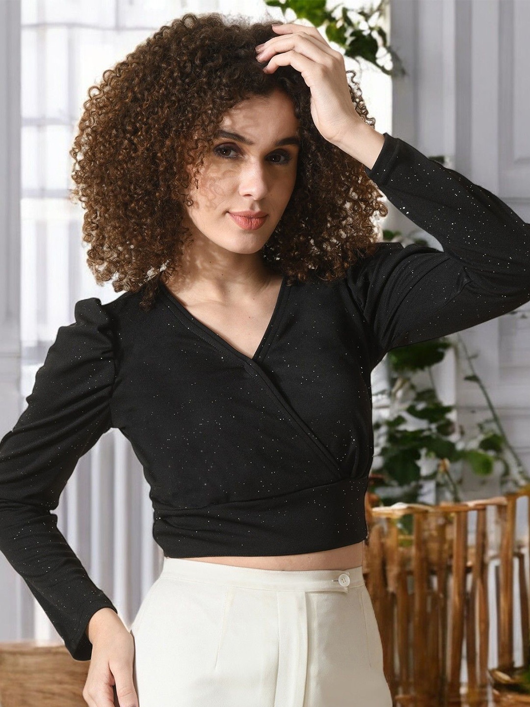 

BAESD Women V Neck Puff Sleeves Wrap Crop Top, Black