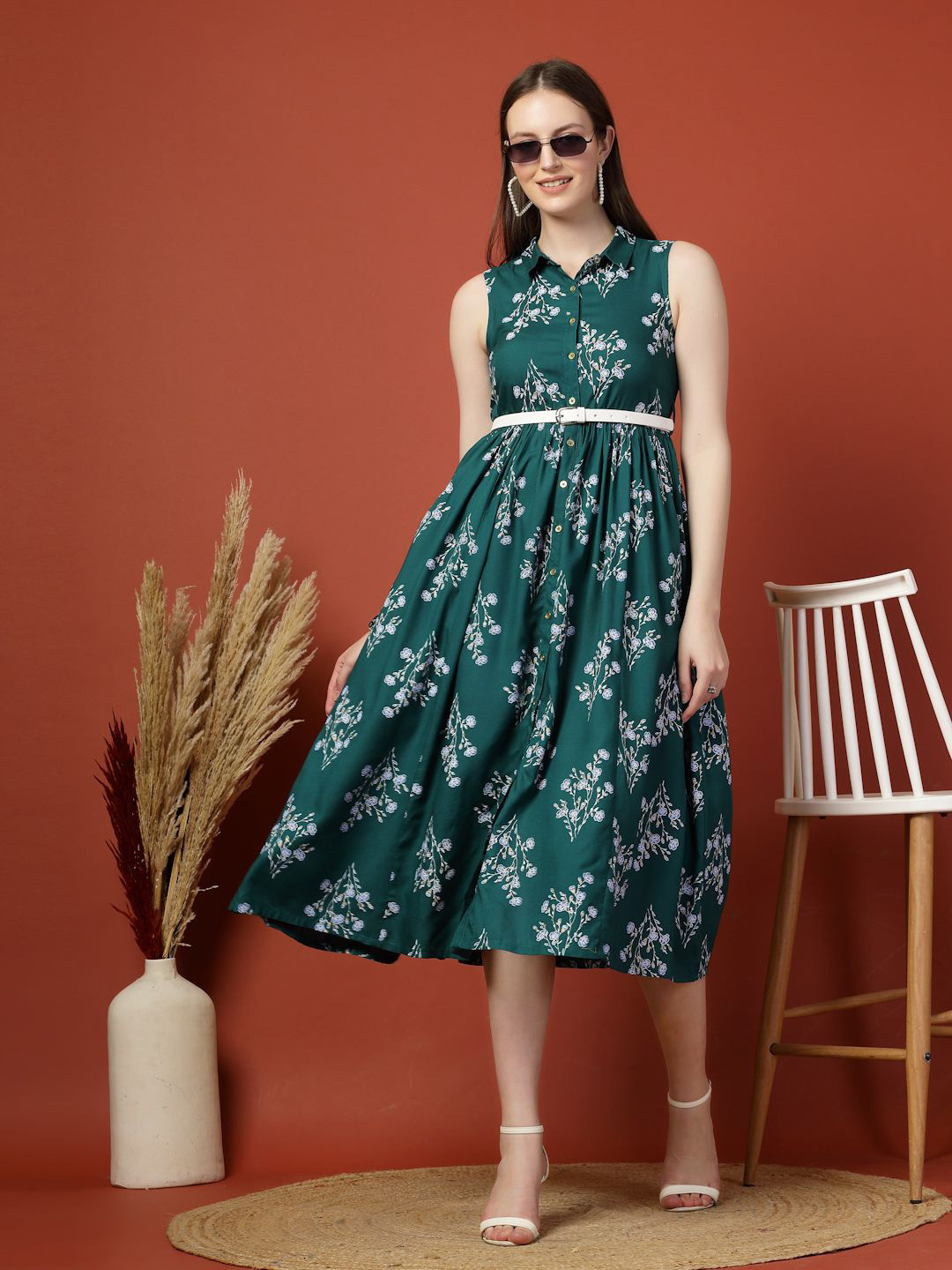 

all about you Women Floral Print Shirt Collar Sleeveless Shirt Style Midi Dress, Green
