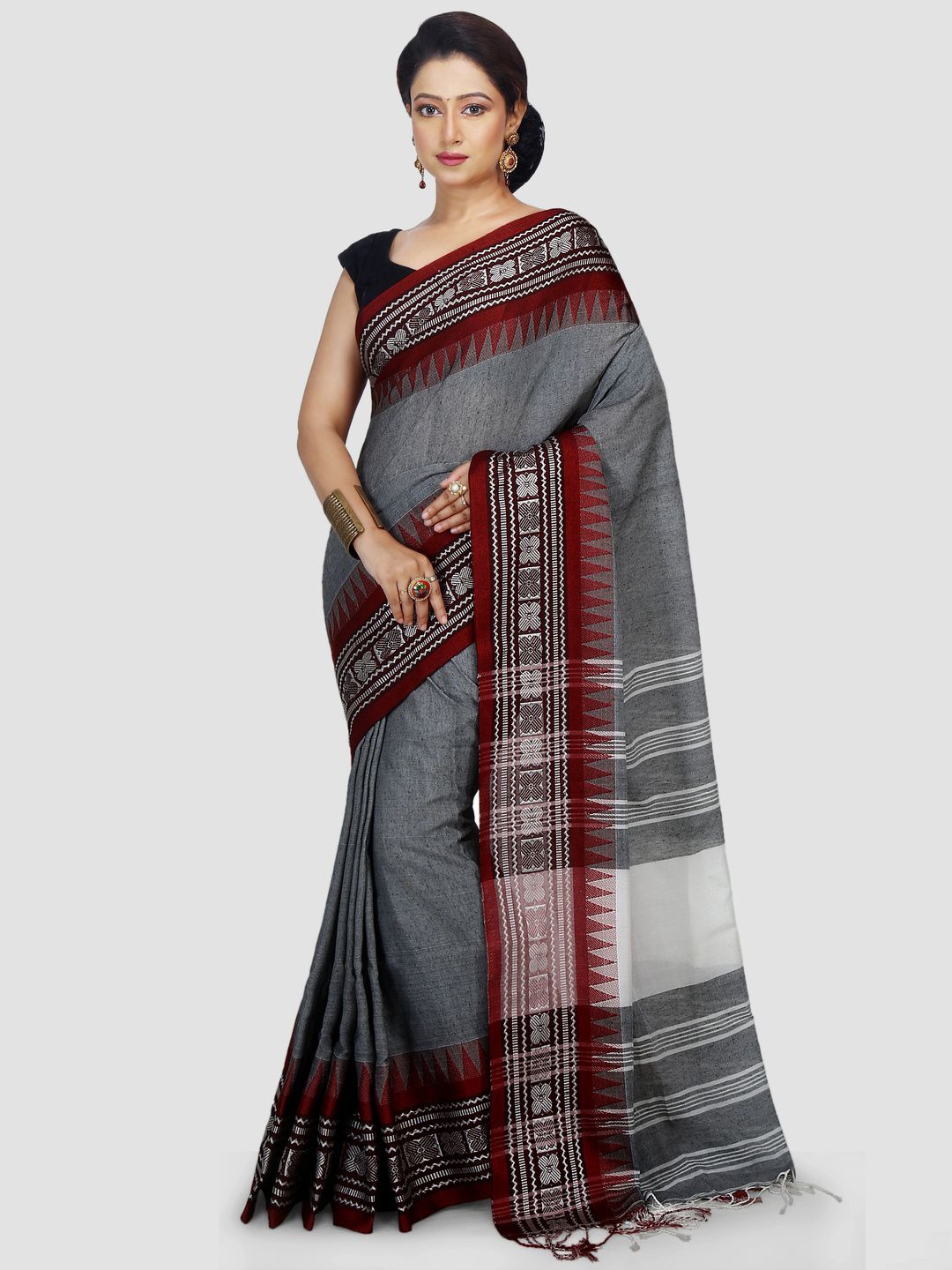 

Crochetin Women Woven Design Border Saree, Grey