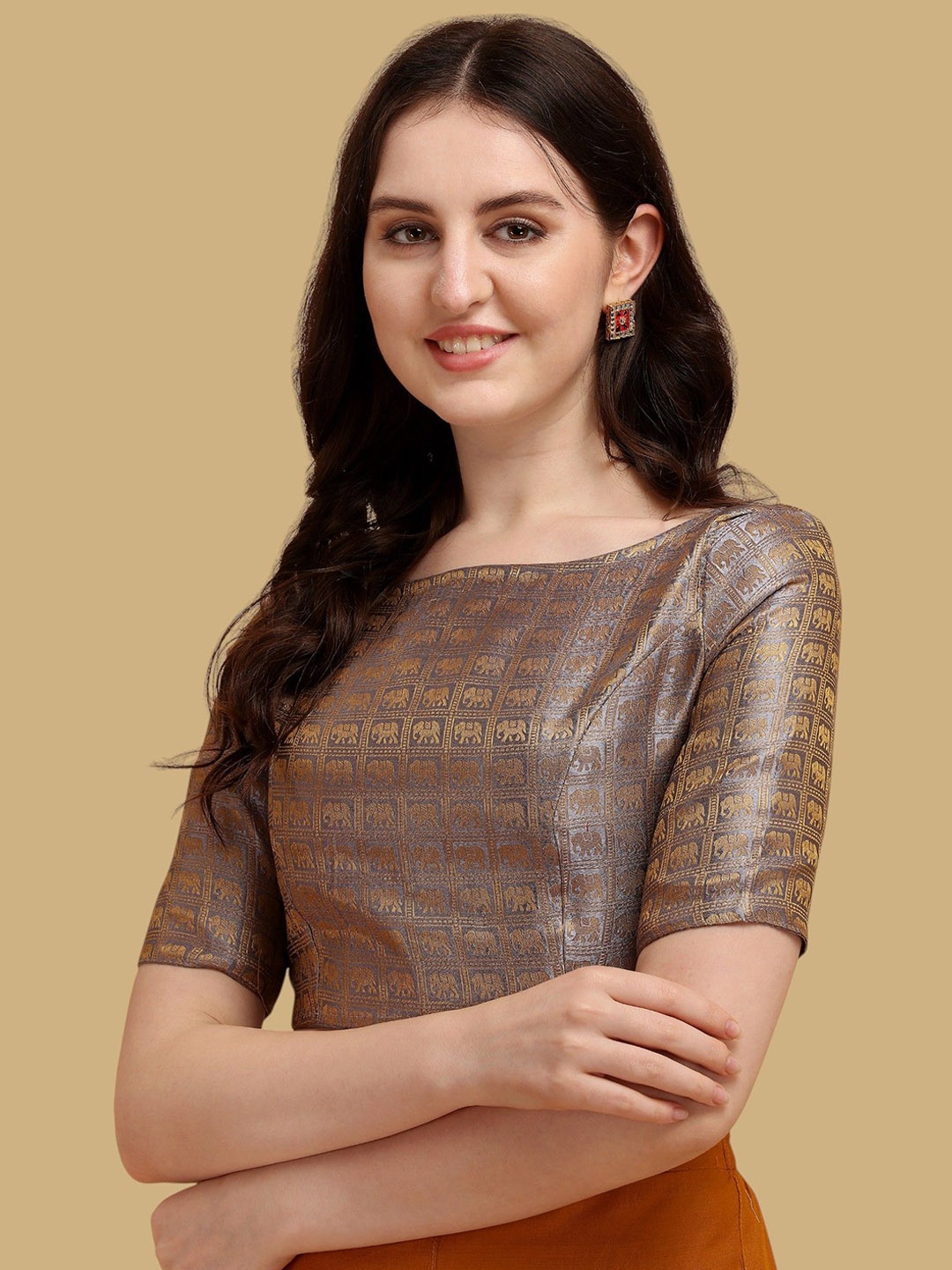 

Oomph! Women Woven Design Boat Neck Jacquard Saree Blouse, Grey
