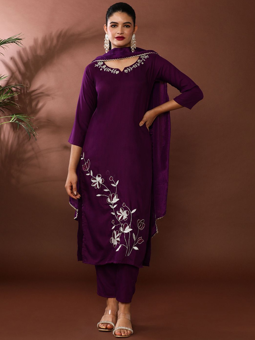 

Jaipur Kurti Floral Embroidered Notch Neck Kurta With Trousers & Dupatta, Violet