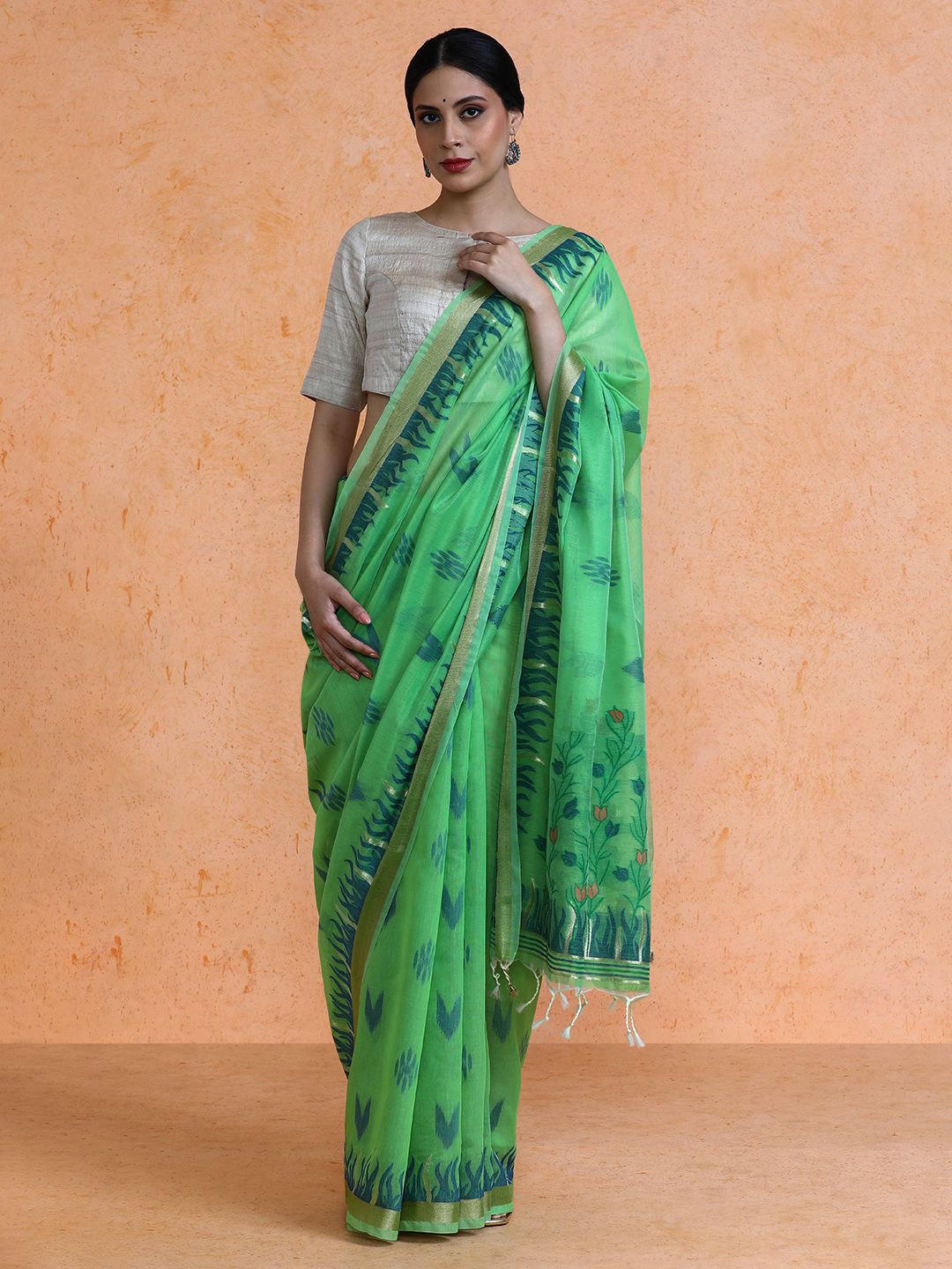 

SARHA Woven Design Chanderi Cotton Saree, Green