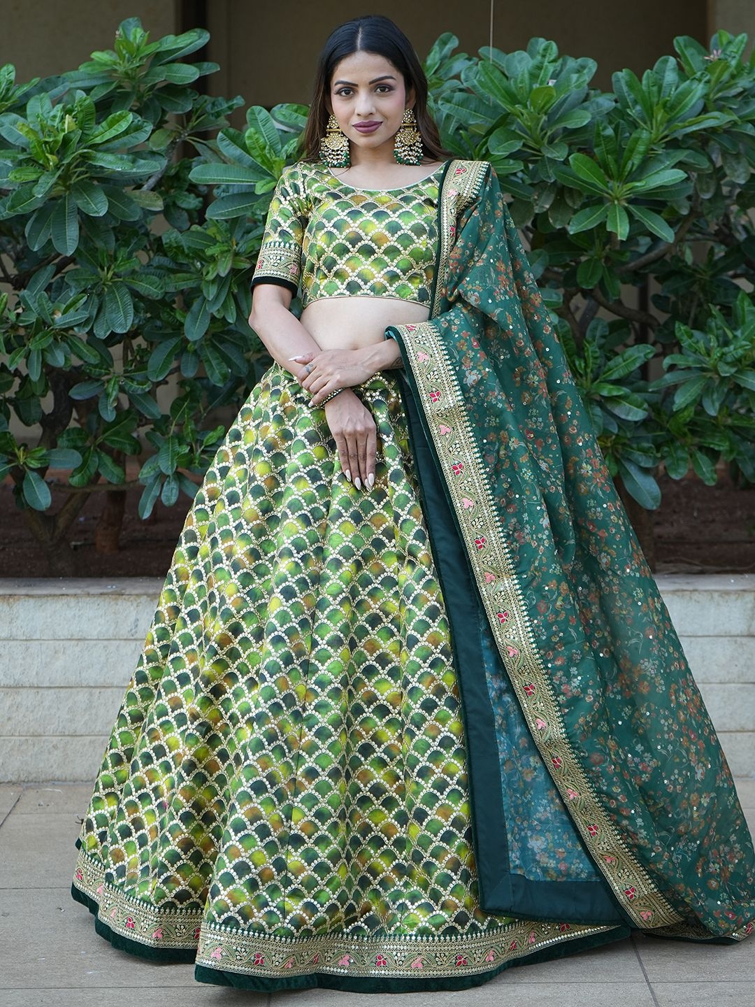 

FABPIXEL Embroidered Semi-Stitched Lehenga & Unstitched Blouse With Dupatta, Green