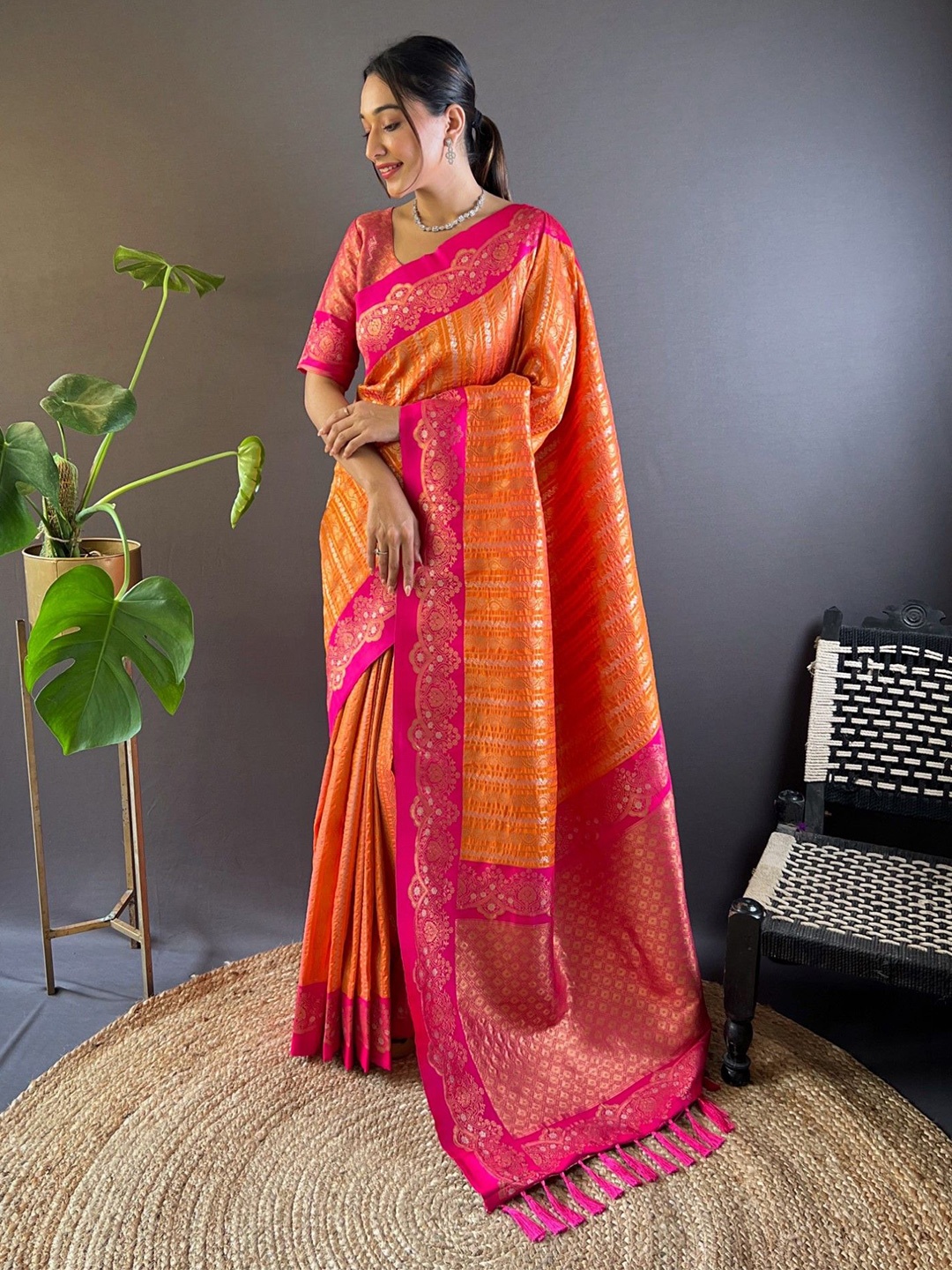 

Rangtulika Ethnics Motifs Woven Design Zari Paithani Saree, Orange