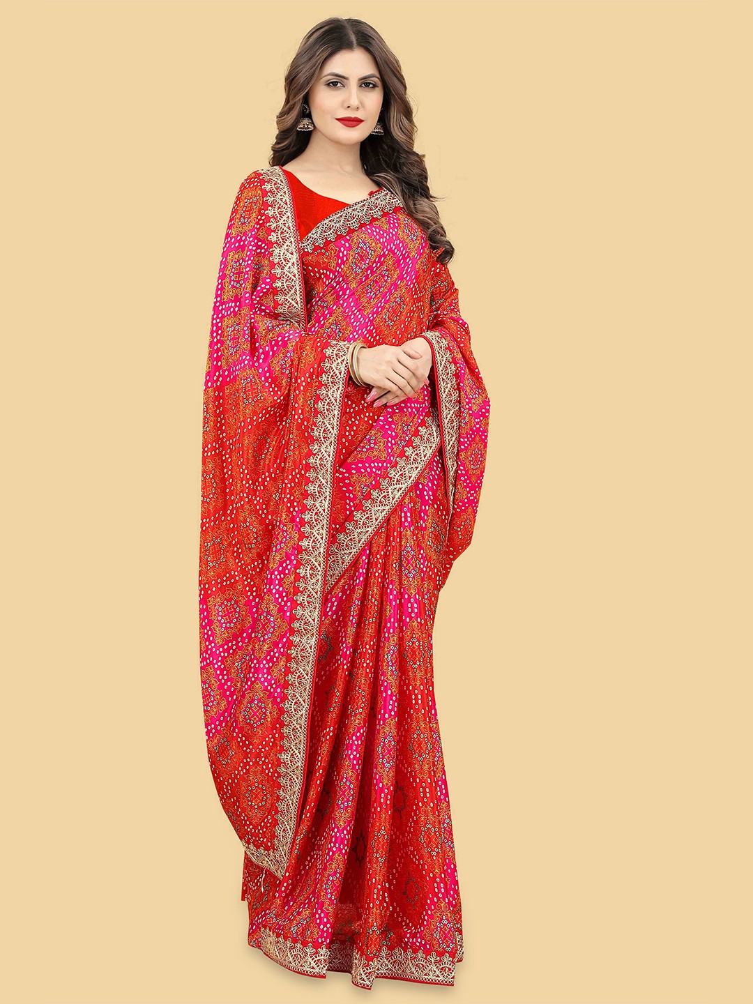 

Peachmode Bandhani Embroidered Pure Chiffon Saree, Red