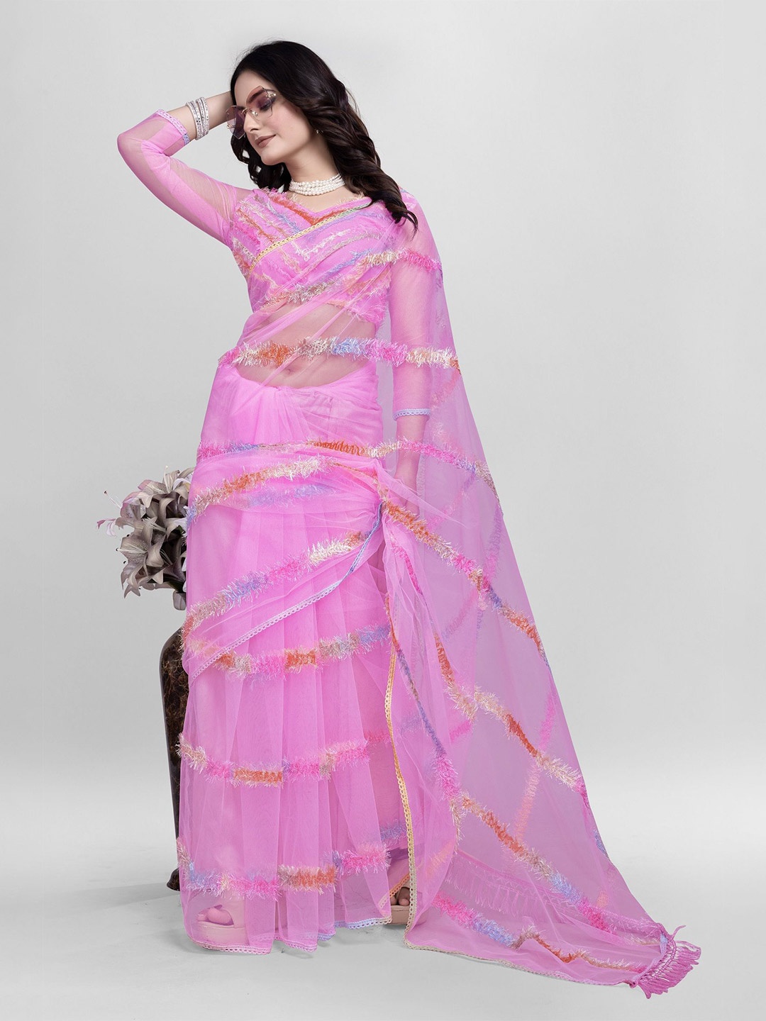 

LADY SHOPI Striped Embroidered Net Saree, Pink