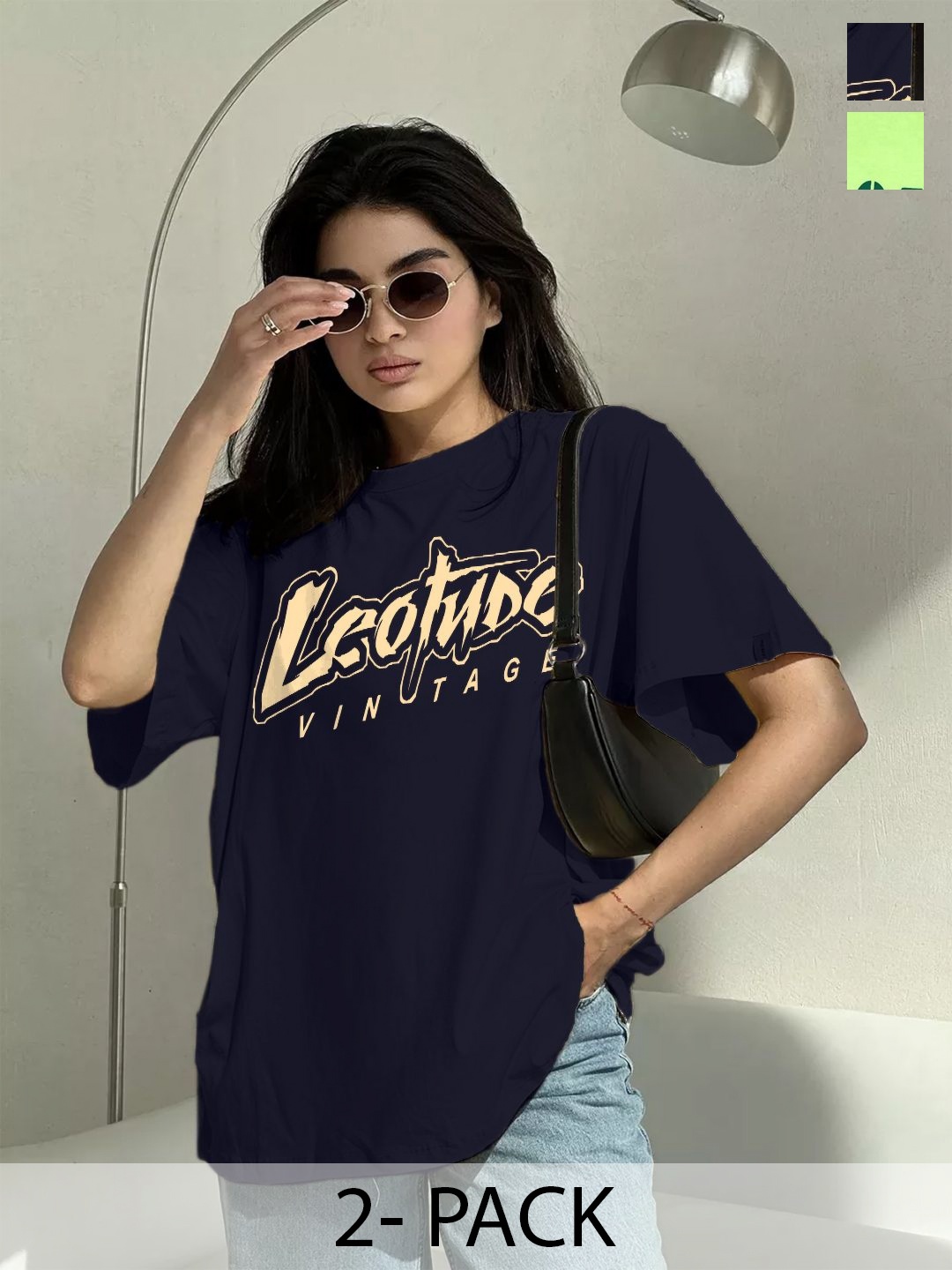 

Leotude Women Pack Of 2 Typography Printed Round Neck Cotton Oversized T-shirts, Navy blue