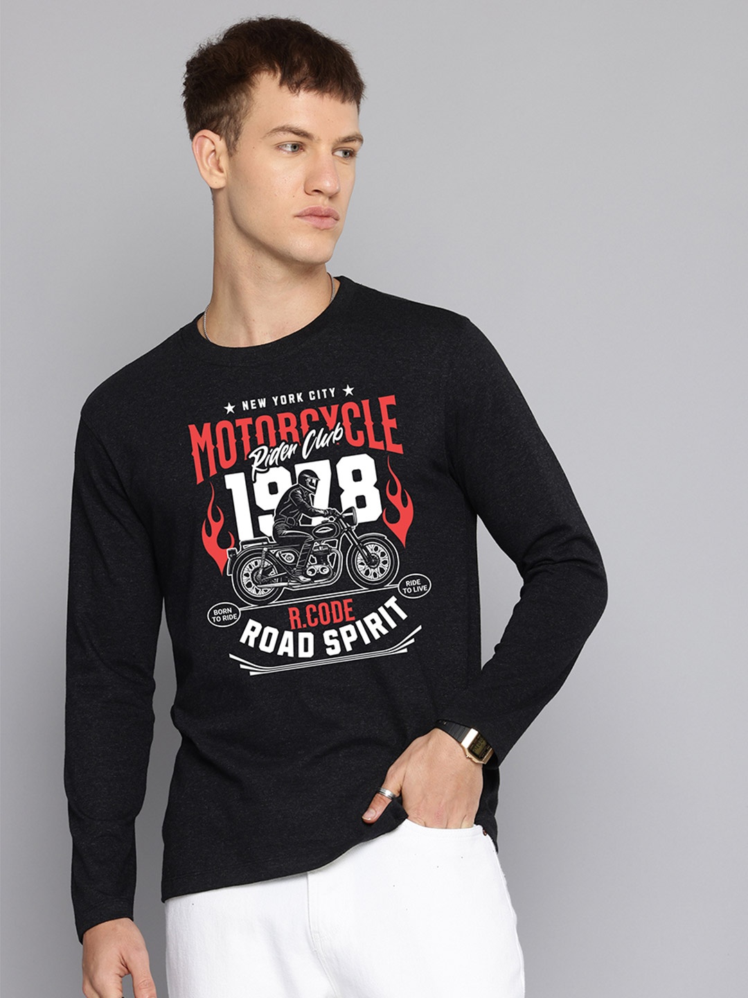 

R.Code by The Roadster Life Co. Men Typography Printed Applique T-shirt, Charcoal