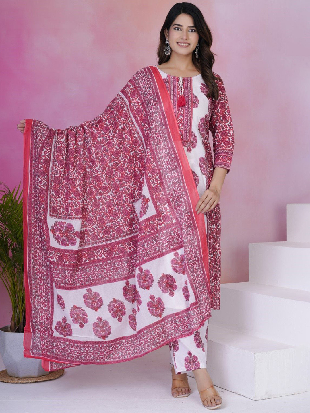 

AUTUMN LANE Floral Printed Round Neck Pure Cotton Kurta with Trousers & Dupatta, Pink