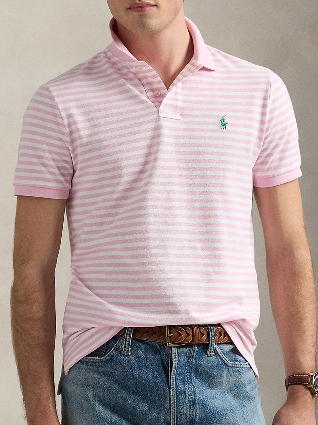 

Polo Ralph Lauren Striped Cotton Mesh Custom Slim-Fit Polo T-Shirt, Pink