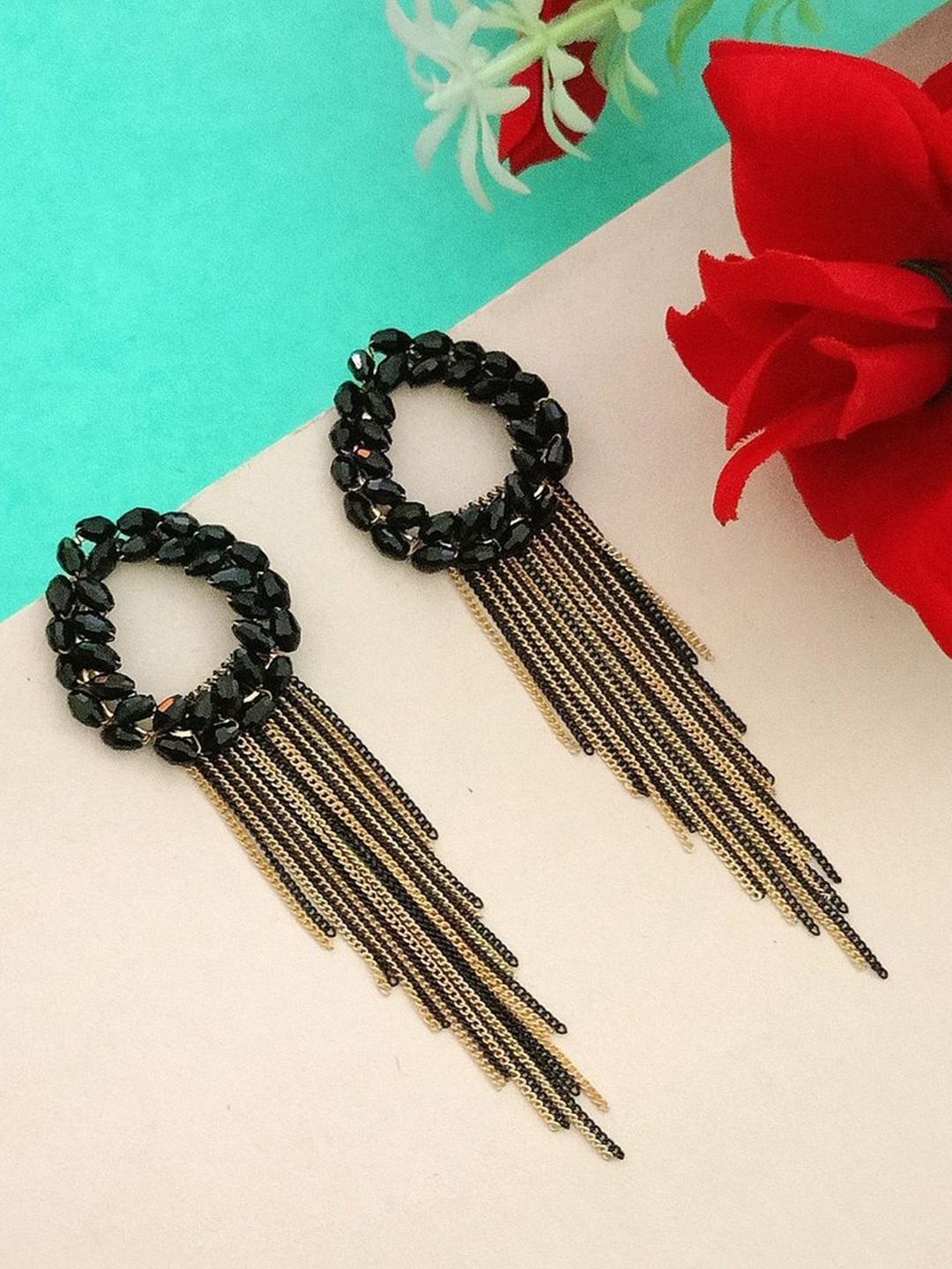 

DIVASTRI Gold-Plated Artificial Beads Contemporary Shaped Drop Earrings, Black