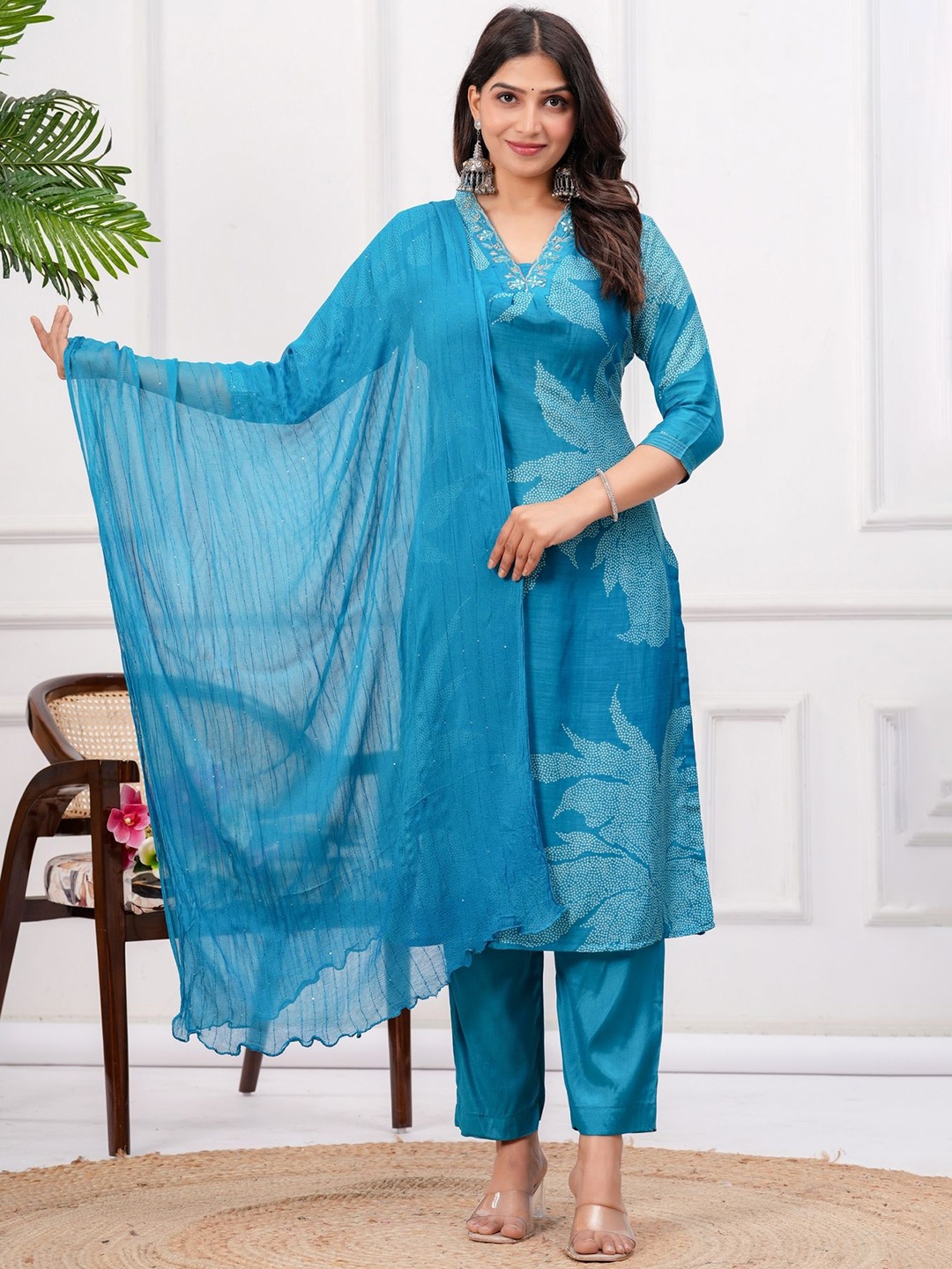 

KALINI Floral Printed Straight Kurta With Trouser And Dupatta, Blue