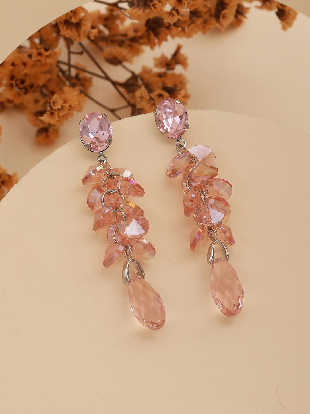 

DressBerry Silver-Plated Artificial Stones And Beads Contemporary Shaped Drop Earrings