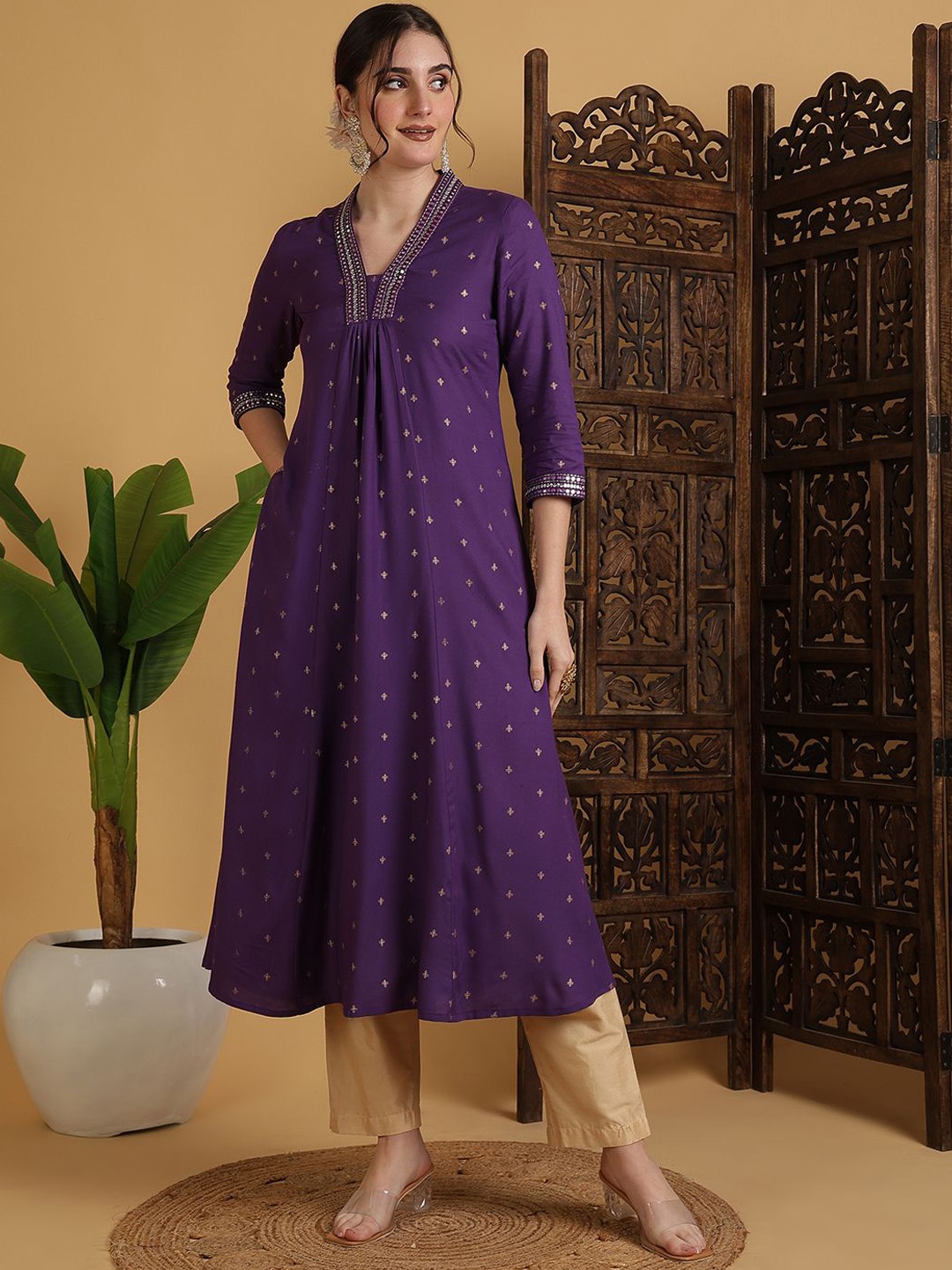 

GULMOHAR JAIPUR Ethnic Motifs Printed Mirror Work A-Line Kurta, Purple