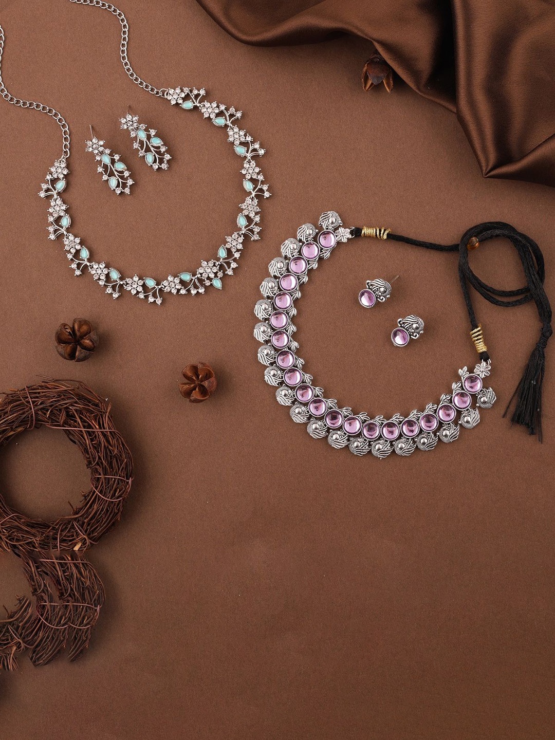 

Lyriss Set Of 2 Silver-Plated American Diamond Studded Jewellery Set