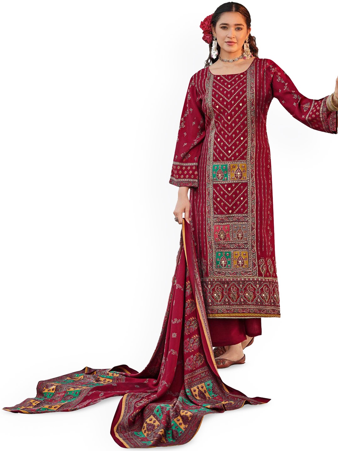 

DRAVINAM Trends Floral Embroidered Pure Cotton Unstitched Dress Material, Brown