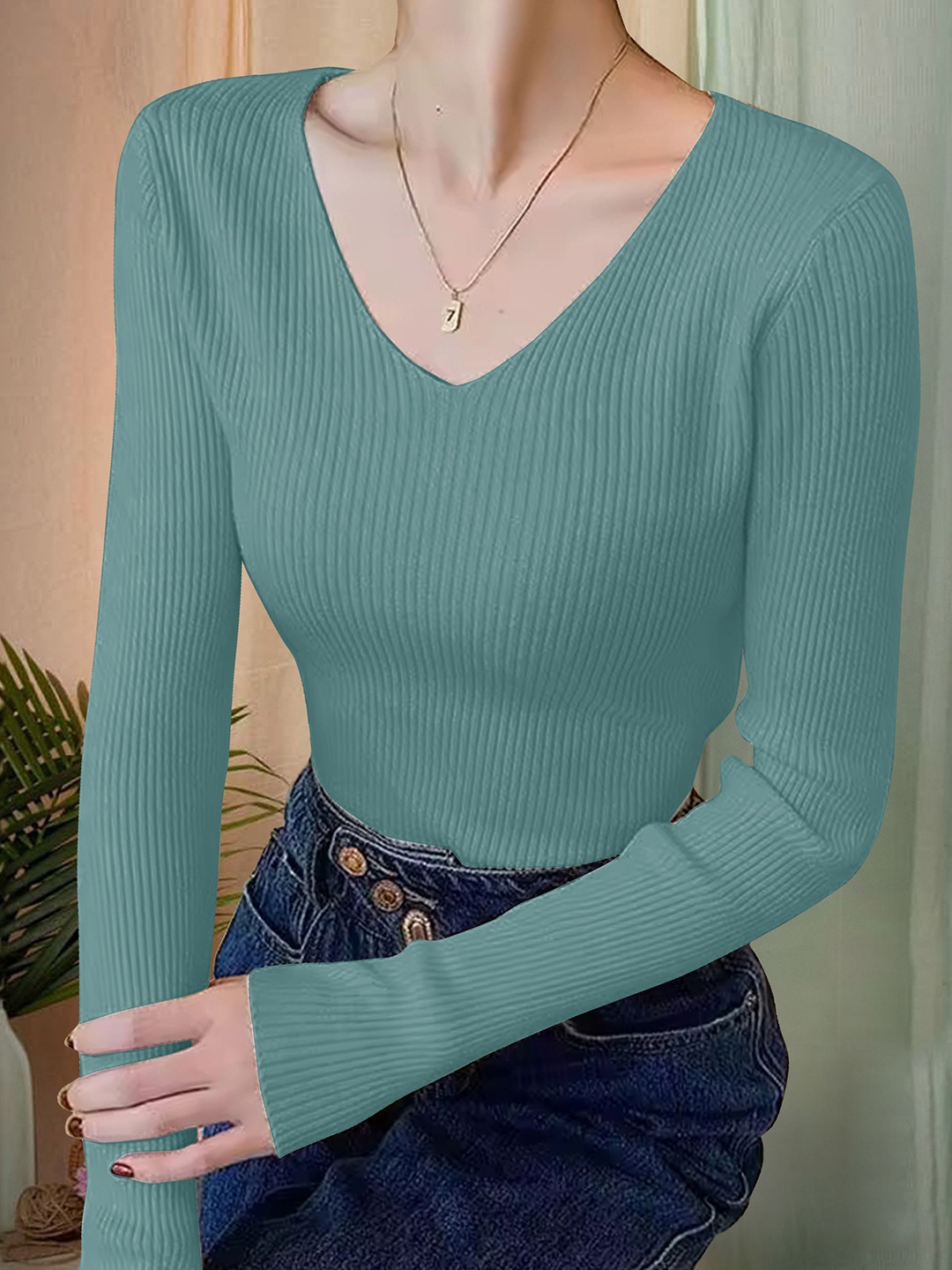 

Moda Rapido Ribbed V-Neck Fitted Top, Green