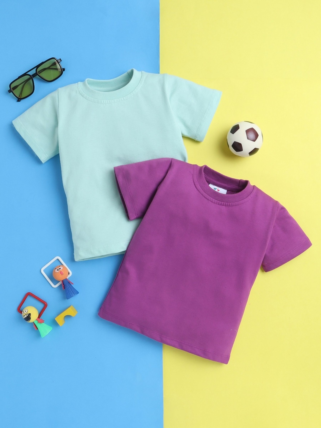 

Knitting Doodles Boys Pack of 2 Solid Round Neck Cotton T-shirts, Sea green