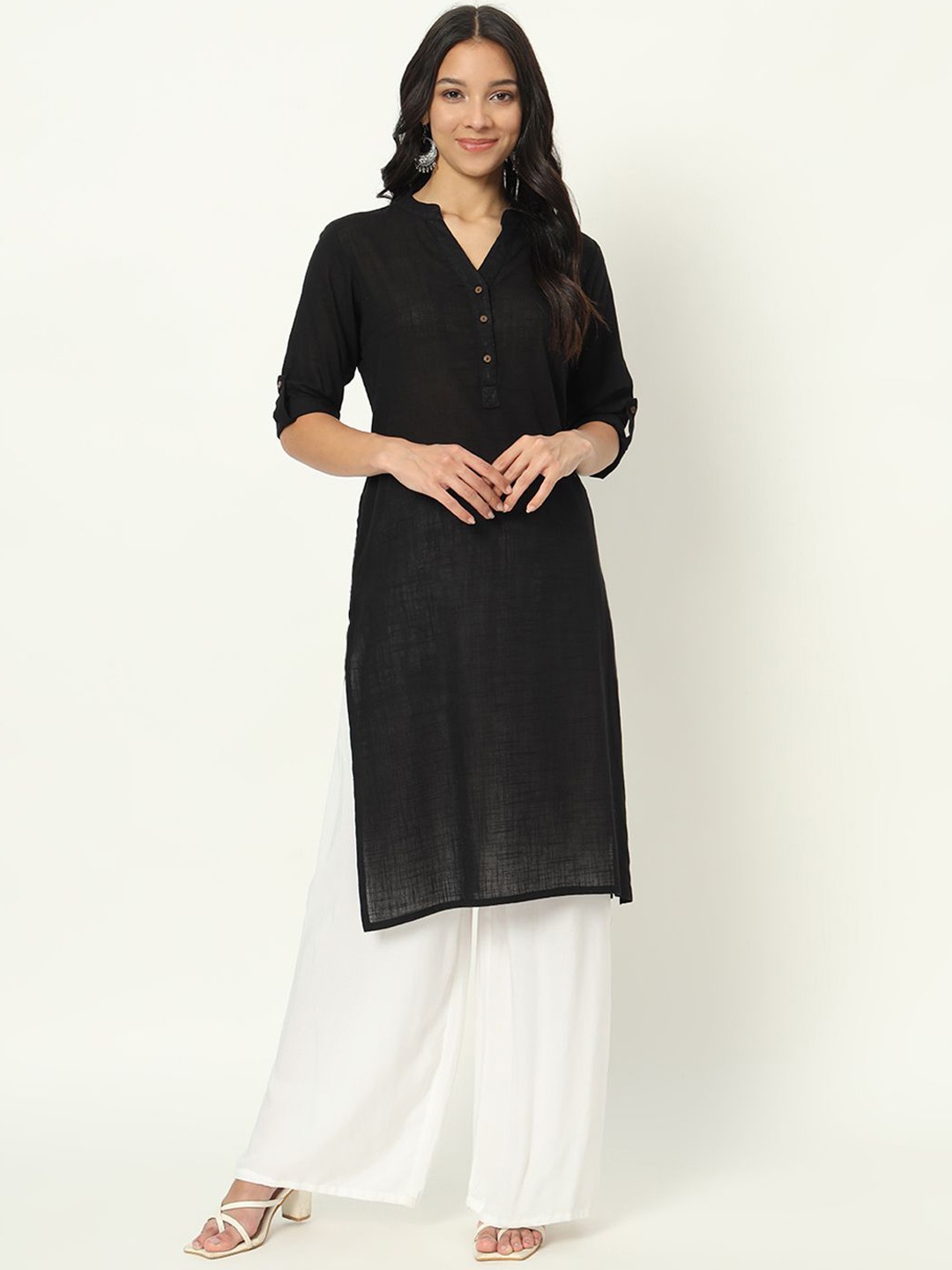 

Laad Mandarin Collar Roll-Up Sleeves Linen Sequinned Straight Kurta, Black